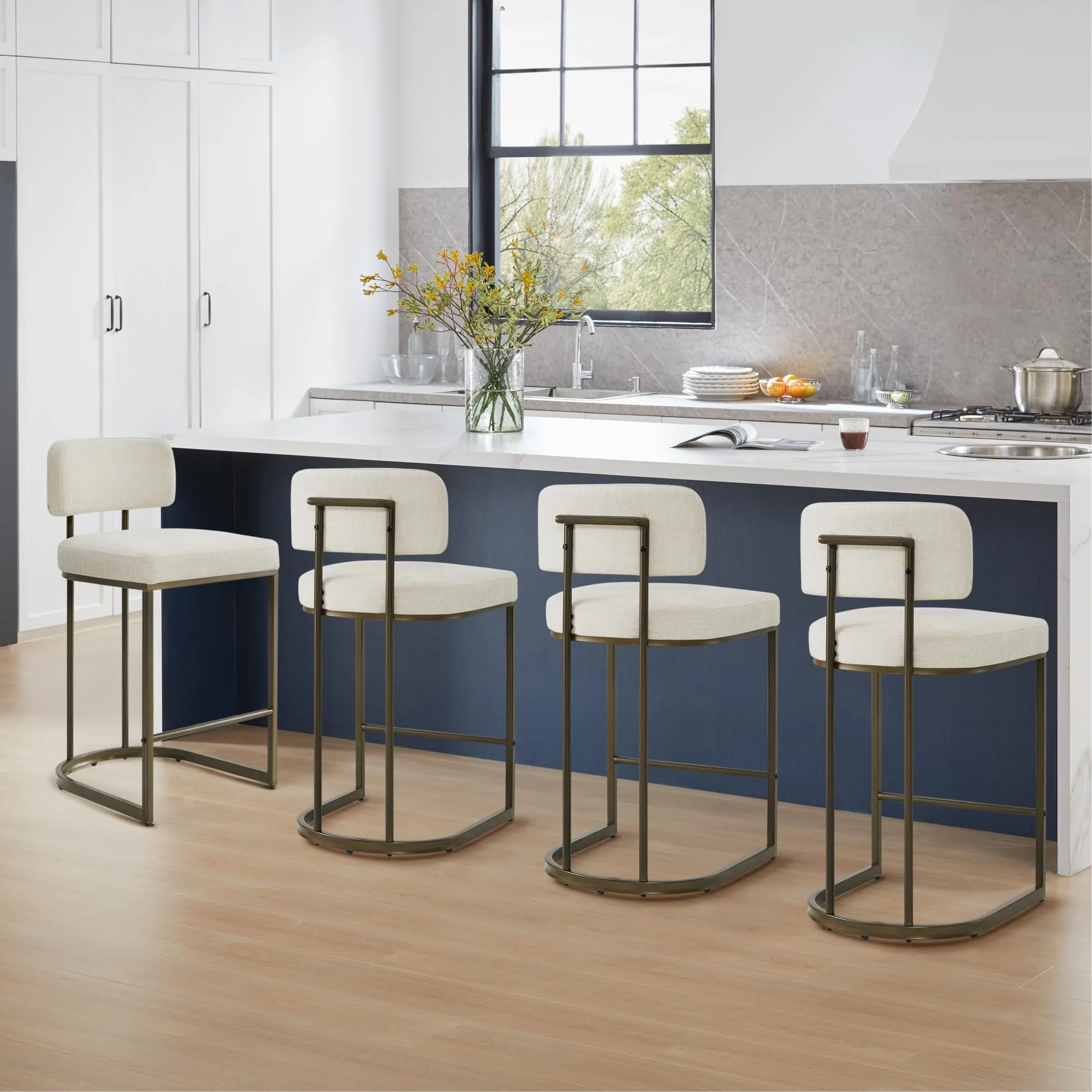 26 H Counter Height Bar Stools Set of 4, Modern Linen Fabric Upholstered Barstools with Backrest for Kitchen Island, Gold Metal
