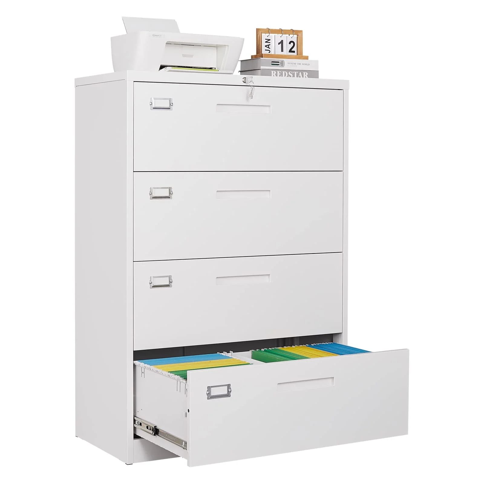 4 Drawer Lateral File Cabinet with Lock,White Lateral Filing Cabinet,Horizontal Metal Filing Cabinet,Locked Wide Four Drawer Fil