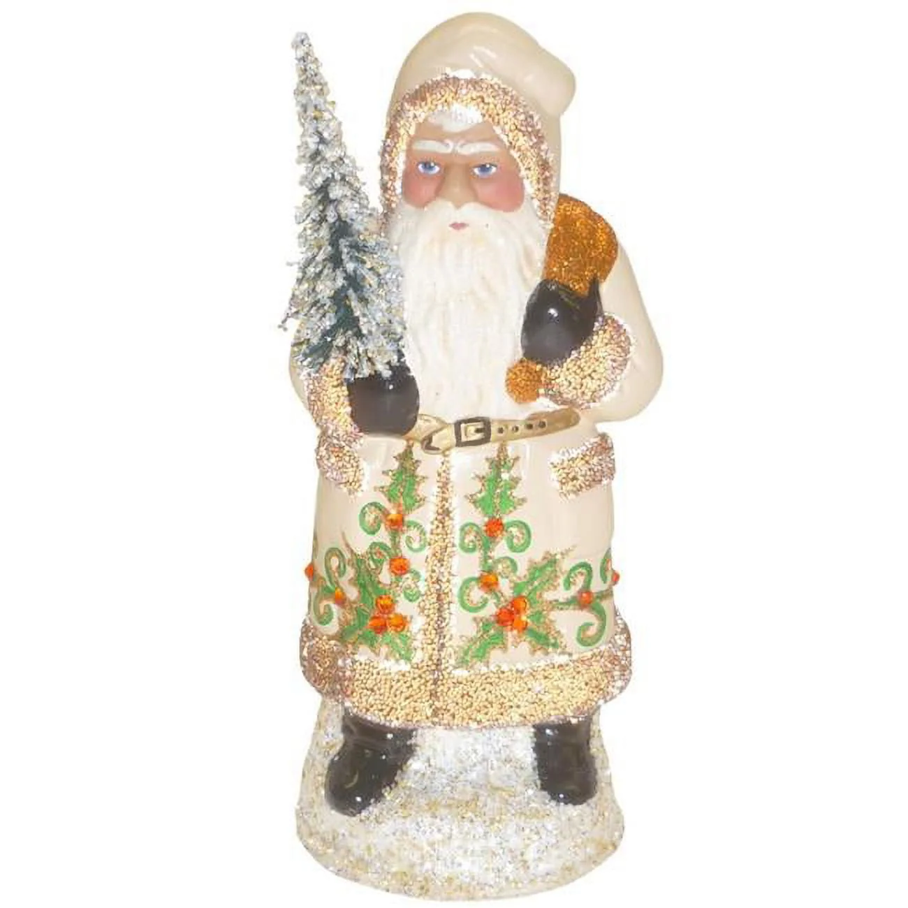 Alexander Taron 18156 Schaller Paper Mache candy container - Santa with cream coat & Holly Details