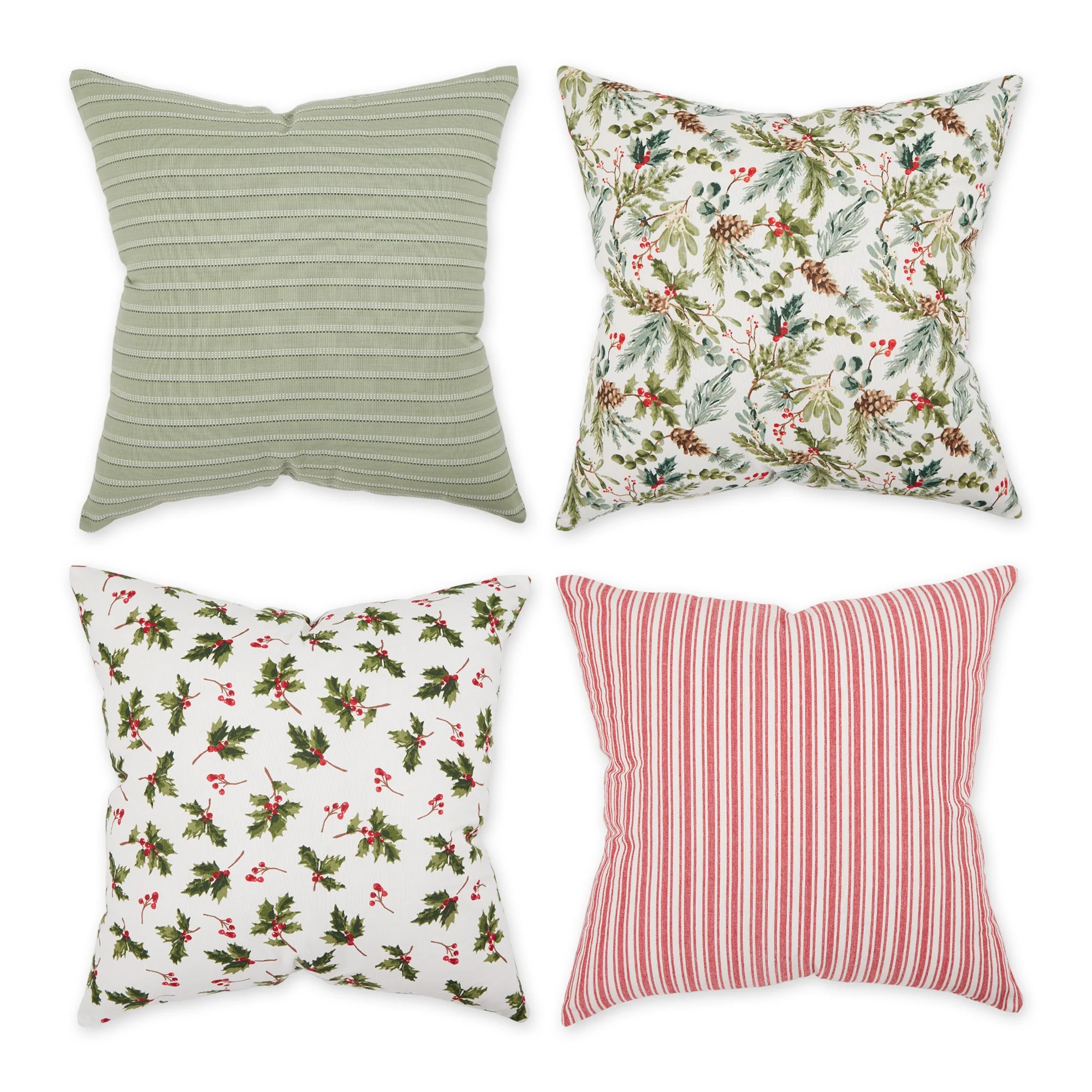 Asst Holiday Holly Print And Stripe Pillow Cover 18X18 Set/4