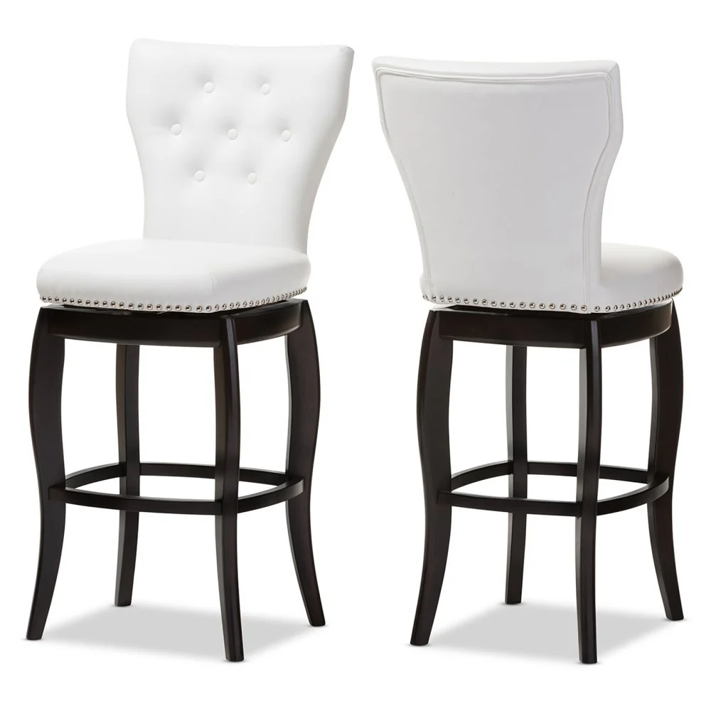 Baxton Studio Leonice Faux Leather Upholstered Button-Tufted Swivel Barstool, 29, White