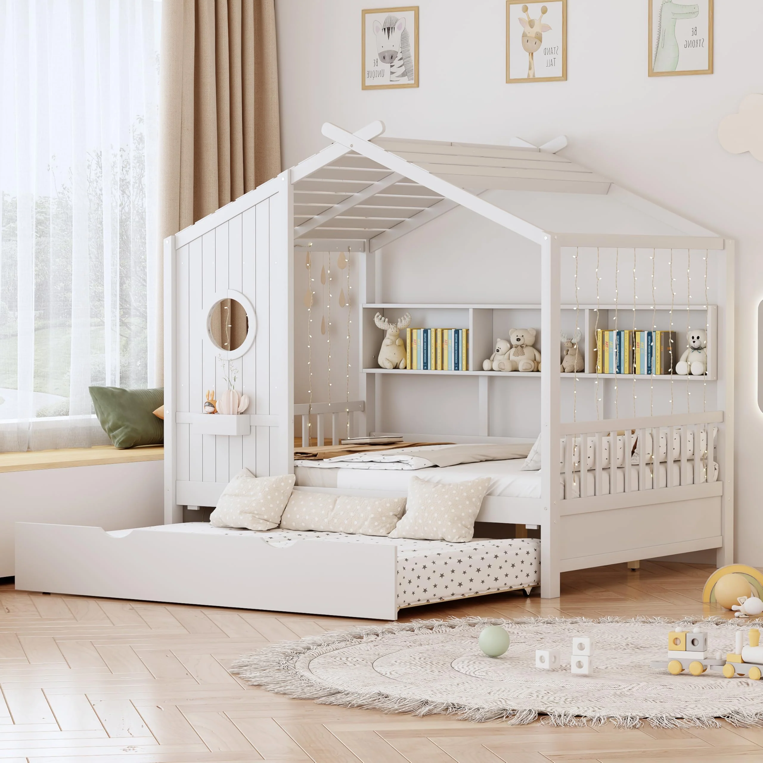 Bellemave Full Size House Bed Frame with Trundle for Kids,Full Kids Bed Frame with Bookshelves,Solid Wood House Bed for Girls,Bo