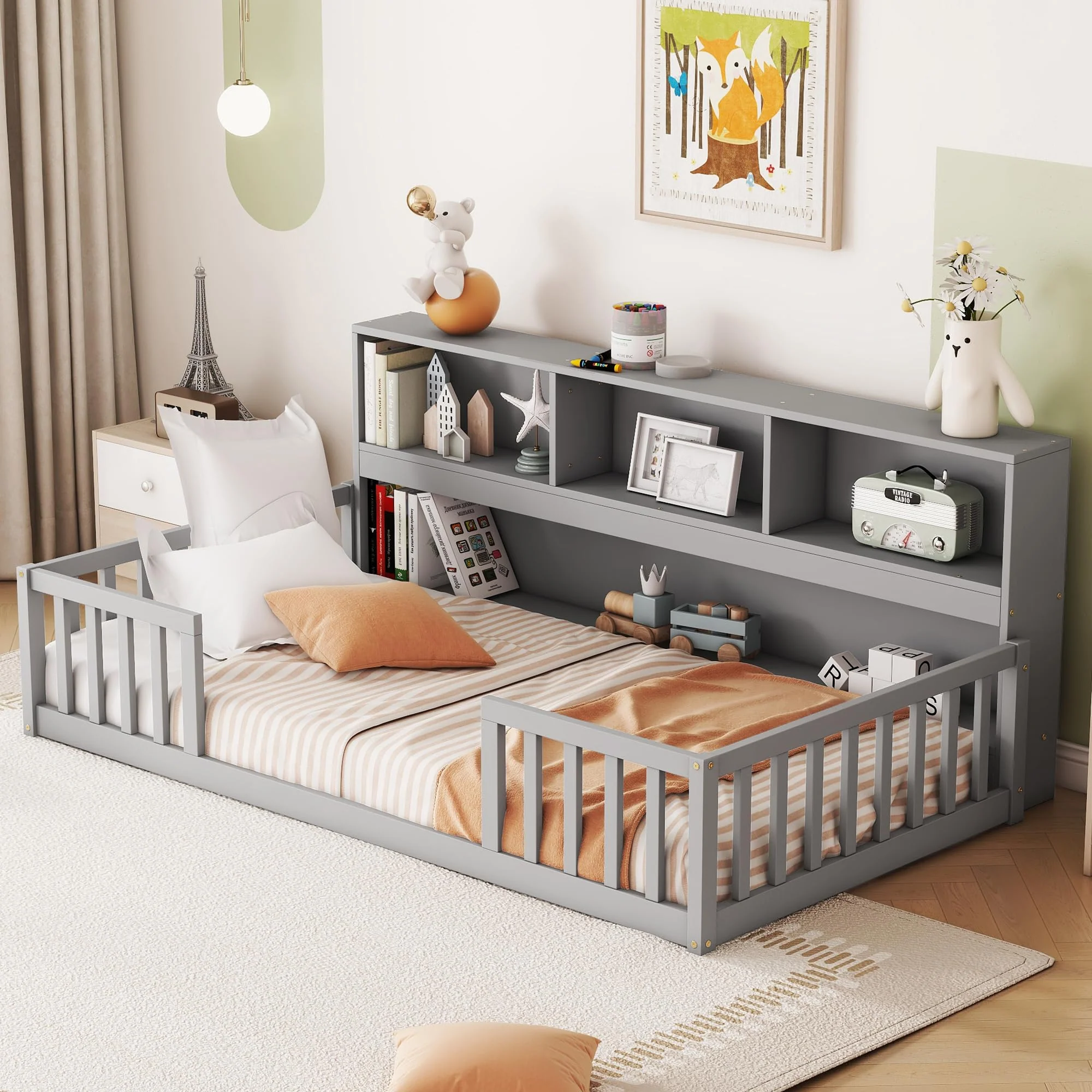 Bellemave Kids Montessori Floor Bed,Twin Size Floor Bed with Bookcase and Shelves,Twin Bed Frame with Guardrails for Kids,Girls,