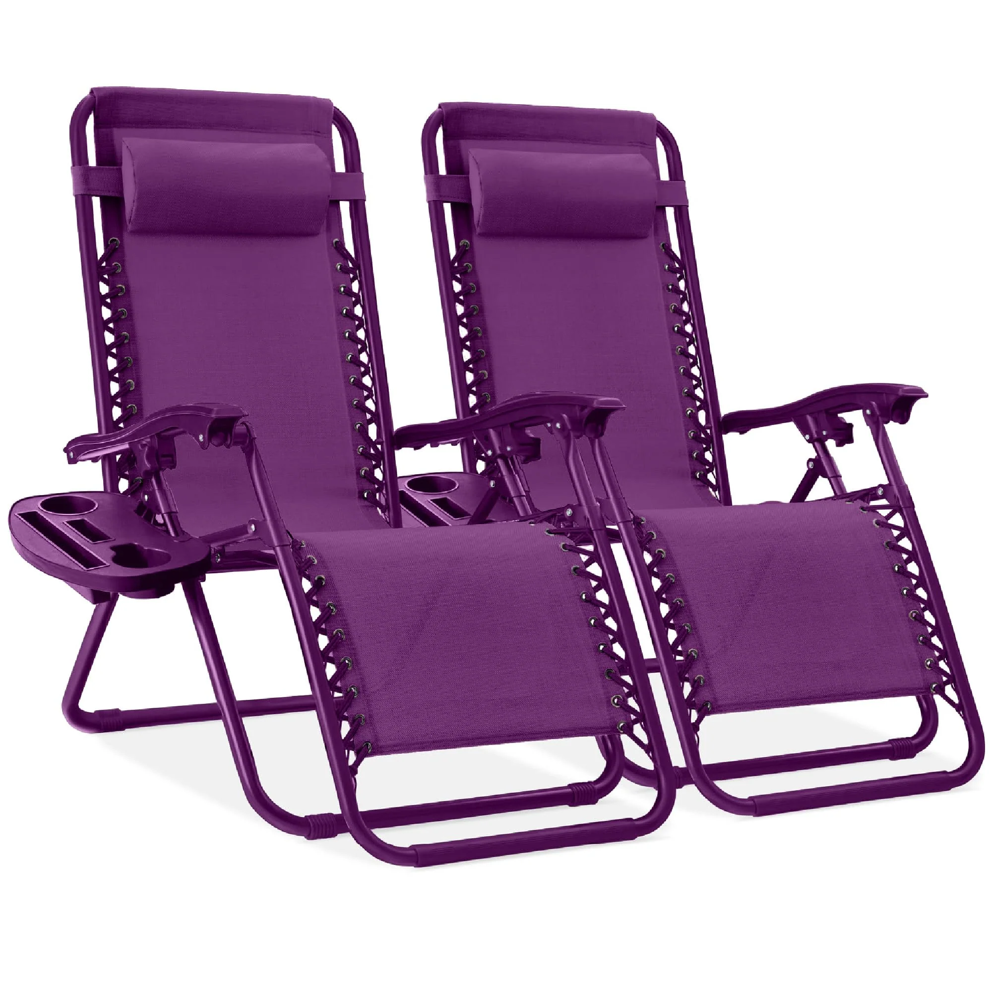 Best Choice Products Set of 2 Adjustable Steel Mesh Zero Gravity Lounge Chair Recliners w/Pillows and Cup Holder Trays - Amethys