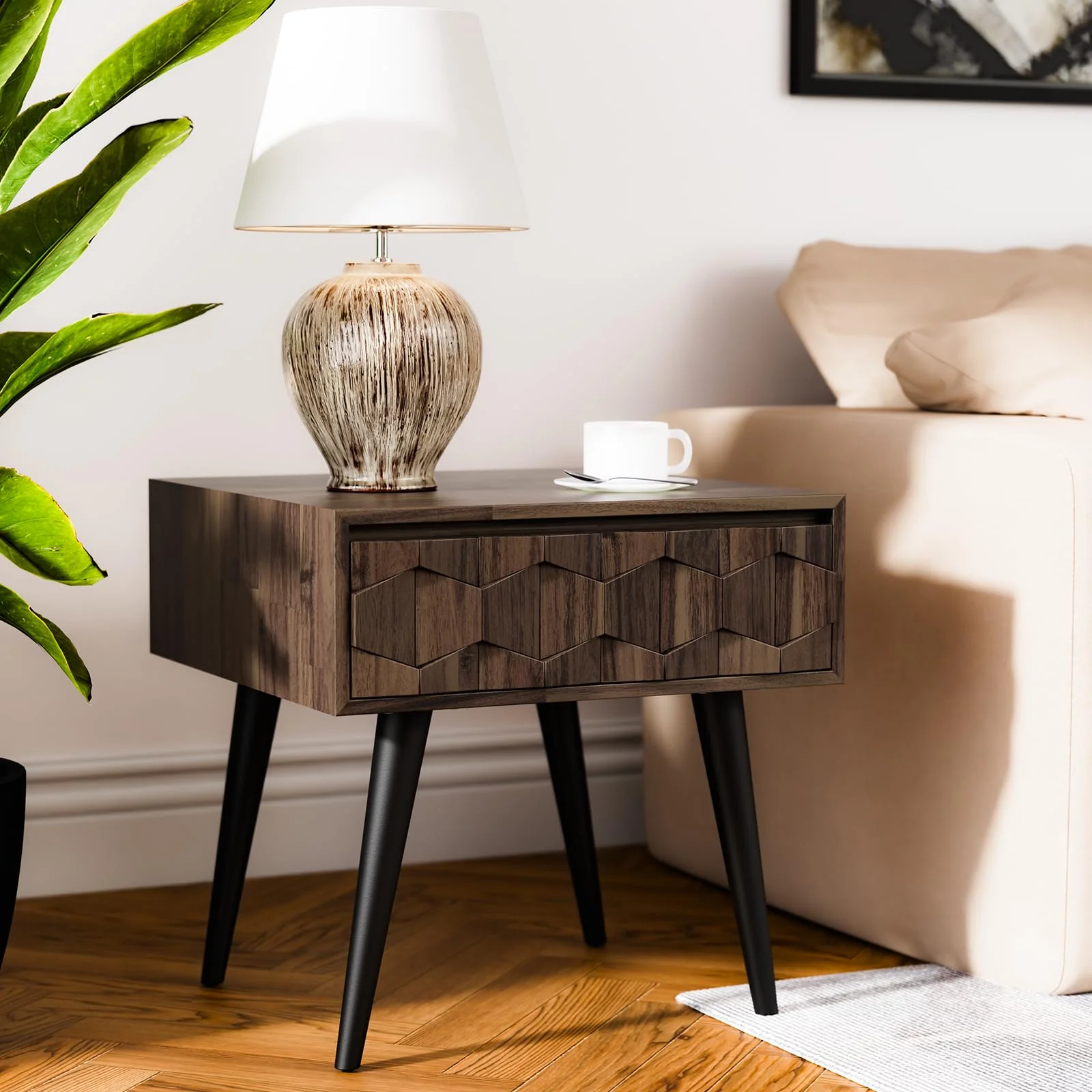 Bme Georgina Solid Wood Mid-Century Modern Side Table with Drawer - Fully Assembled Bedside Table with Rustic Geometric Pattern
