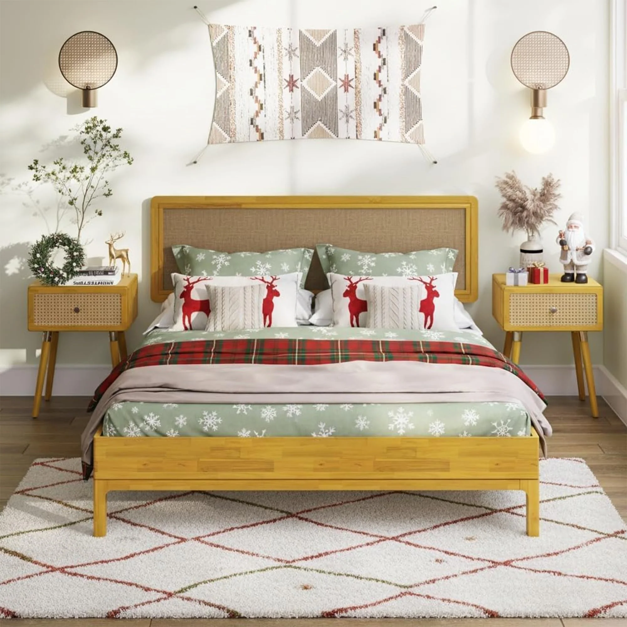 Bme Nipe Bed Frame with Headboard, Bohemian and Mid-Century Modern Style, Solid Rubber Wood Platform Bed with Slat Support, No B