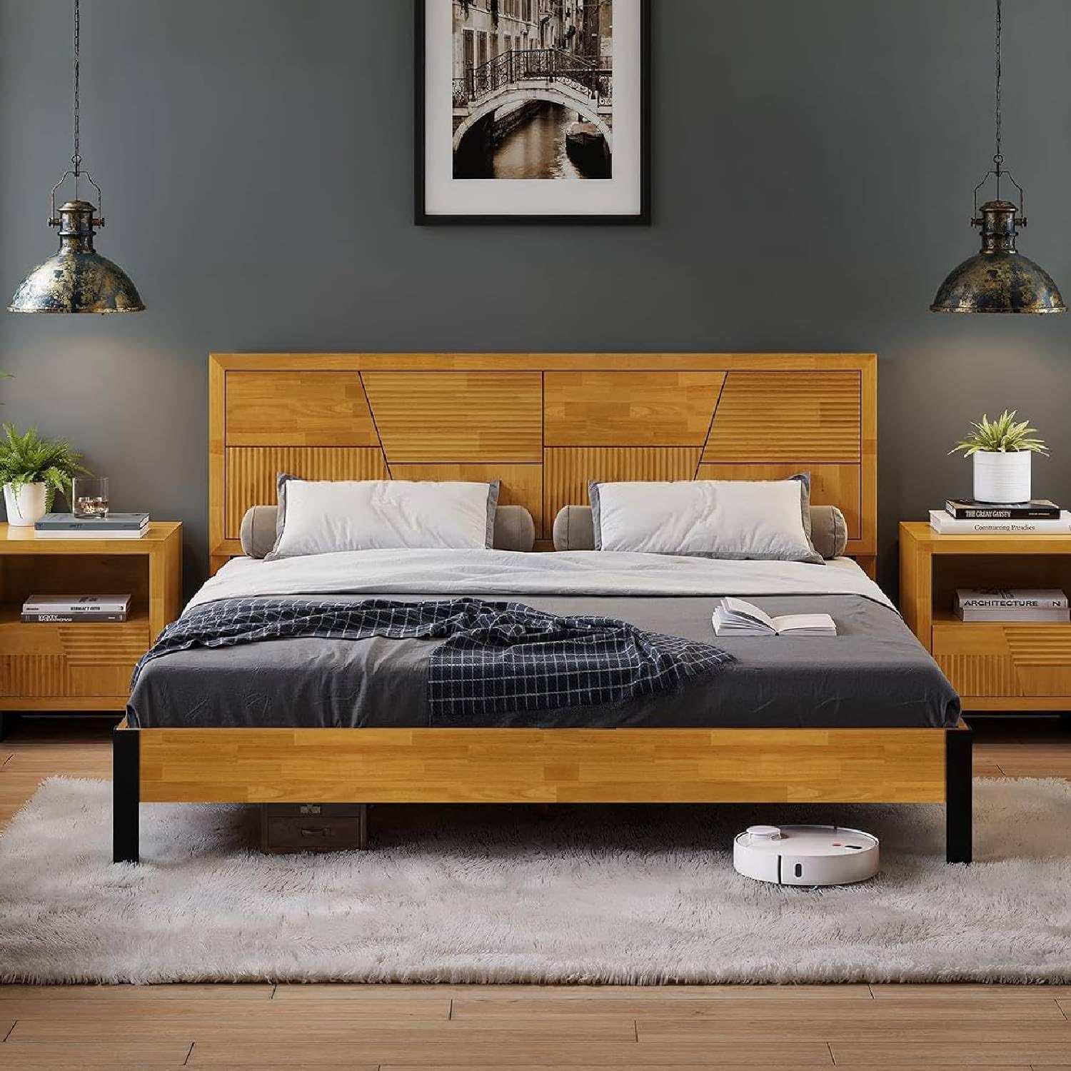 Bme Trapeze King Bed Frame - Modern Solid Wood Bed with Smooth Pattern Headboard, Black Metal Legs, Teak Brown Finish - Durable