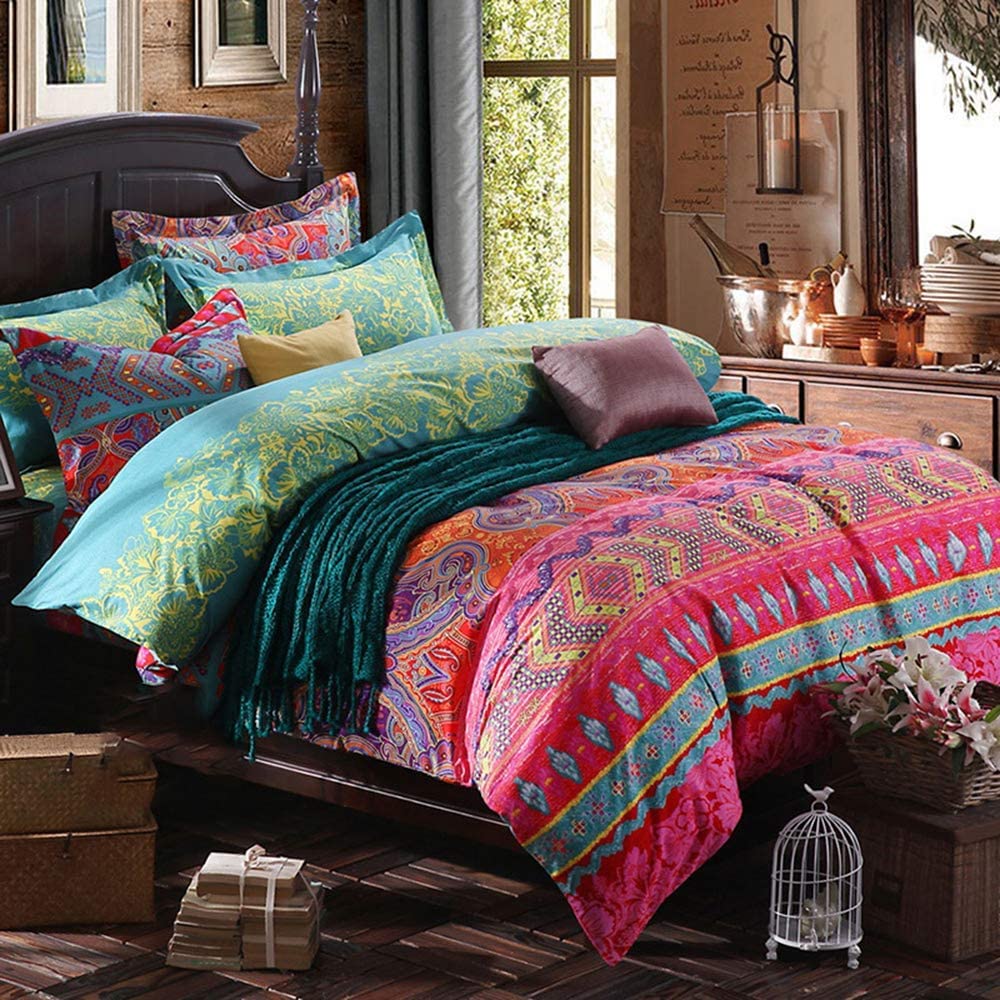 Boho Duvet Cover Queen, Microfiber 3 Pieces Boho Bedding Sets Queen, 1 Duvet Cover +2 Pillowcases, Bohemian Colorful Retro Print