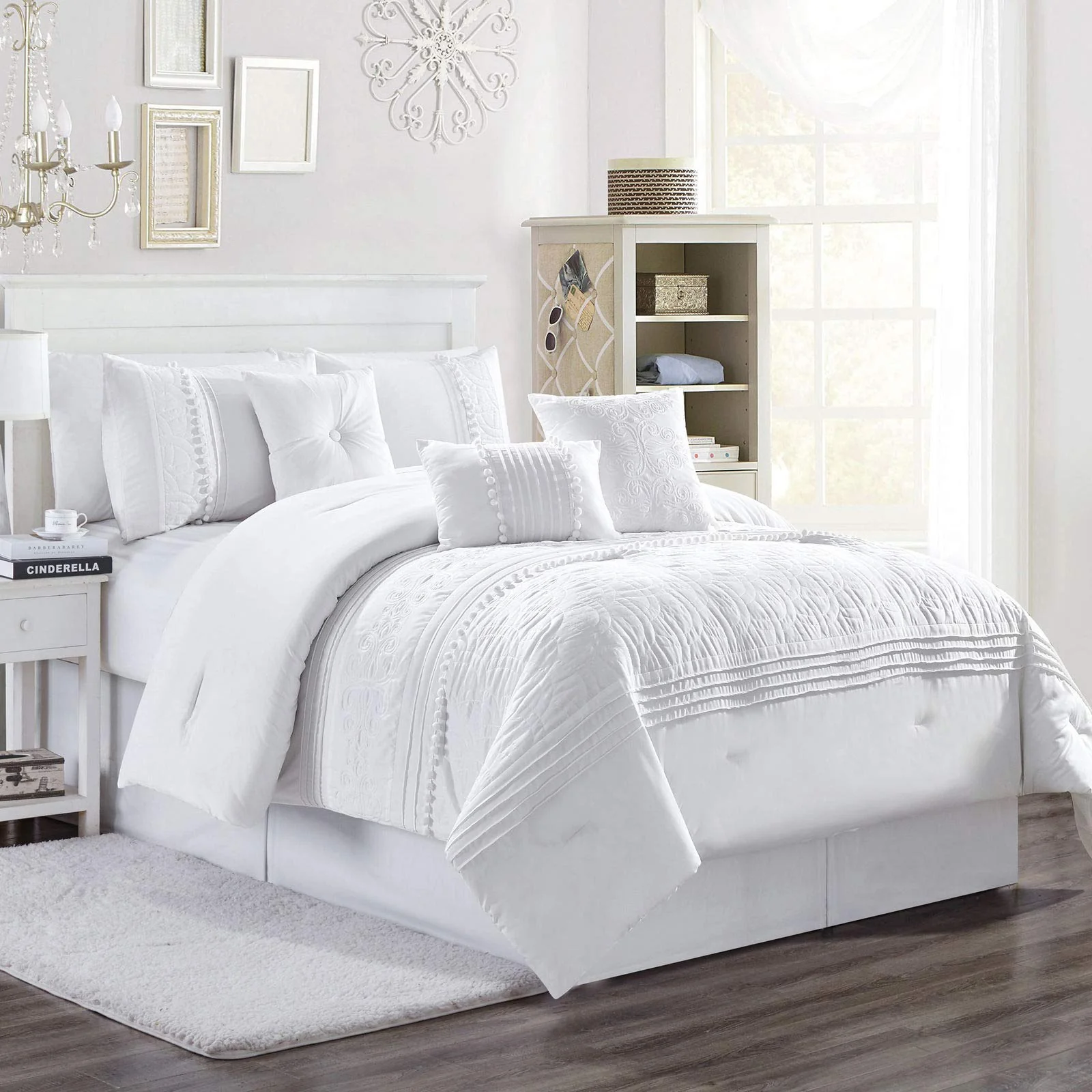 Chezmoi Collection Grace 7-Piece White Floral Chenille Embroidered Pom Pom Pleated Stripe Comforter Set, Full