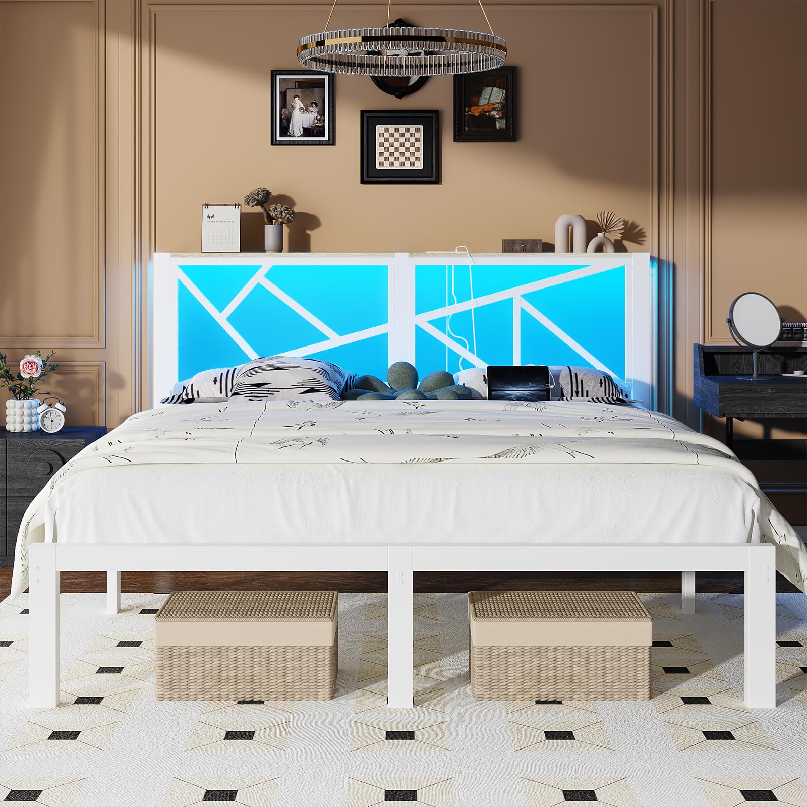 ChicZhiNest King White Metal Bed Frame with USB Charging Station, LED Ambient Lighting, and Wooden Storage Headboard - Includes