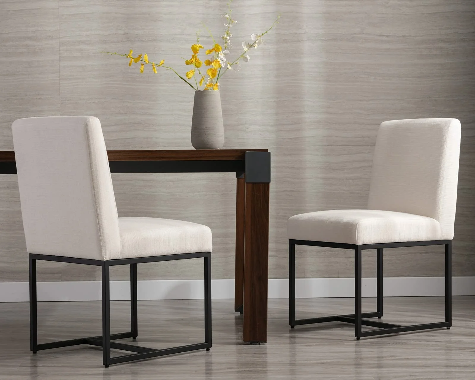 Cimota Modern Linen Dining Chair Set Of 2, Mid Century Dining Room Chairs Fabric Upholstered Armless Side Chair With Black Sled
