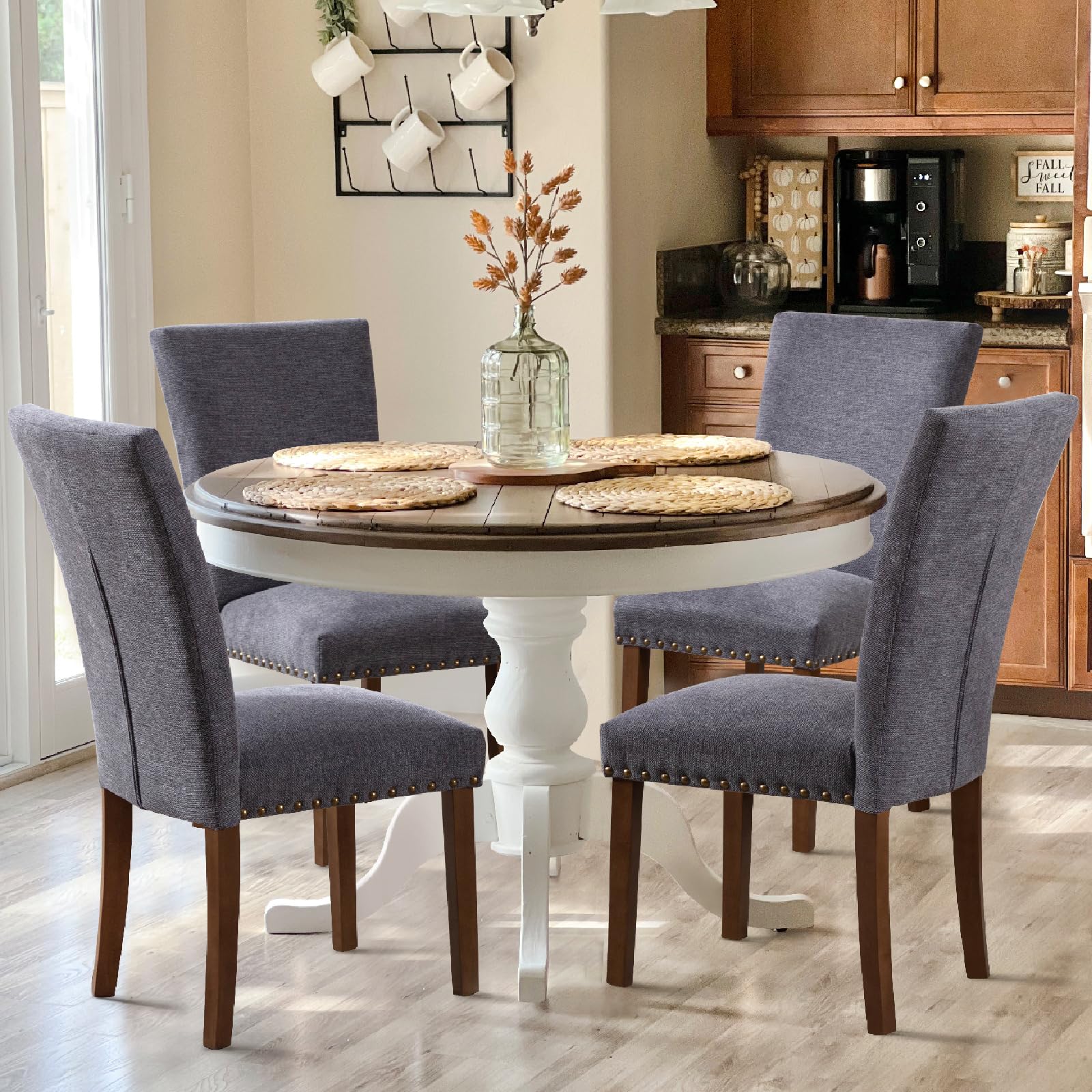 COLAMY Upholstered Parsons Dining Chairs Set of 4, Fabric Dining Room Kitchen Side Chair with Nailhead Trim and Wood Legs - Dark