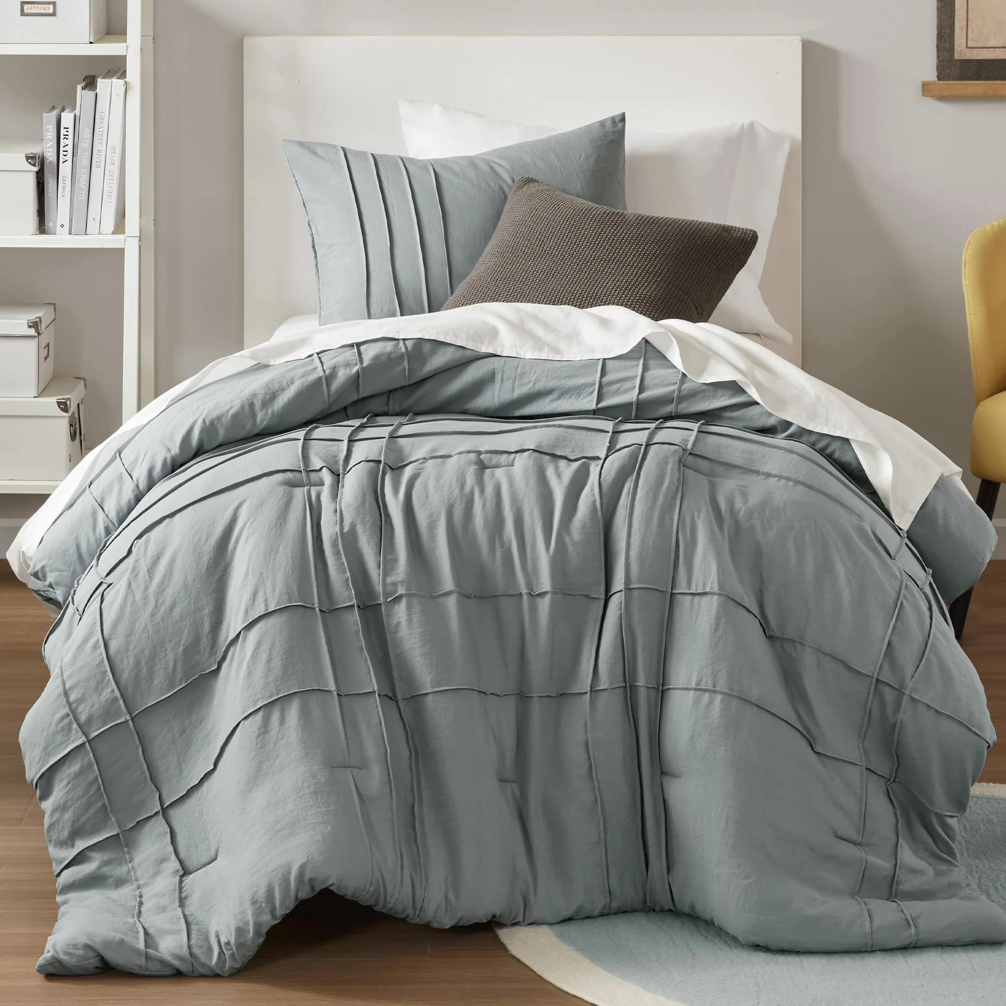 Comfort Spaces Blue/Grey Twin Size Comforter Set - 2 Pieces Pintuck Pleated Bedding Sets Twin, All Season Lightweight, Extra Sof