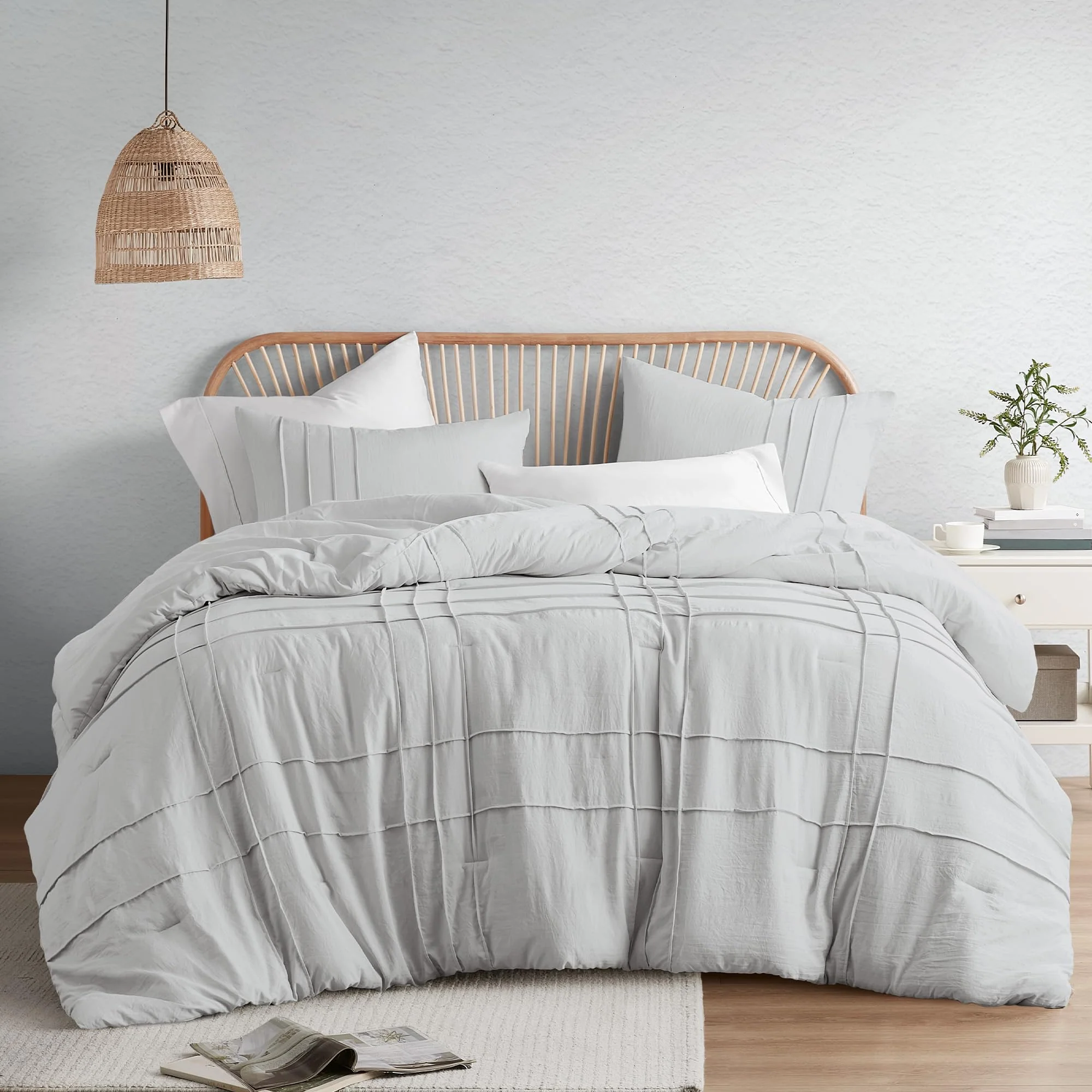 Comfort Spaces Silver Full Size Comforter Set - 3 Piece Pintuck Pleated Bedding Set, All Season Lightweight, Extra Softness Pre-
