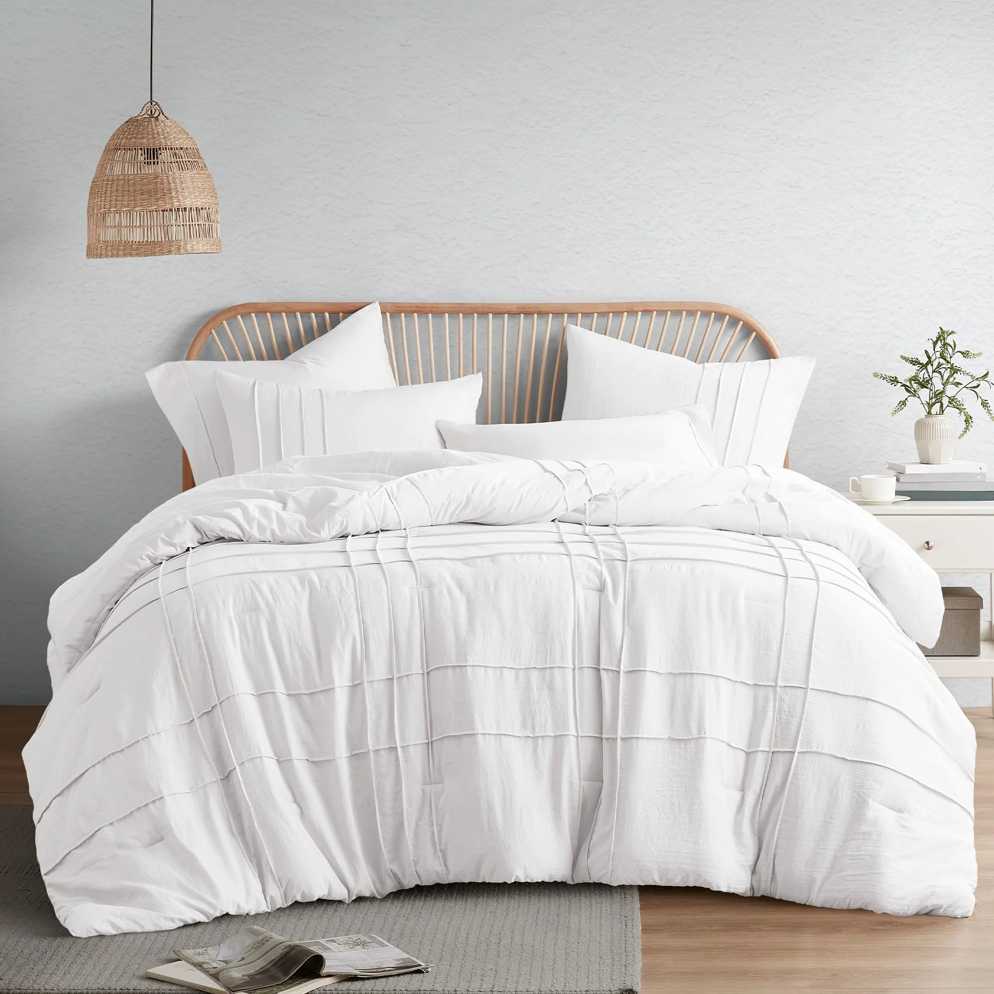Comfort Spaces White Cal King Size Comforter Set - 3 Pieces Pintuck Pleated Bedding Sets, All Season Lightweight, Extra Softness