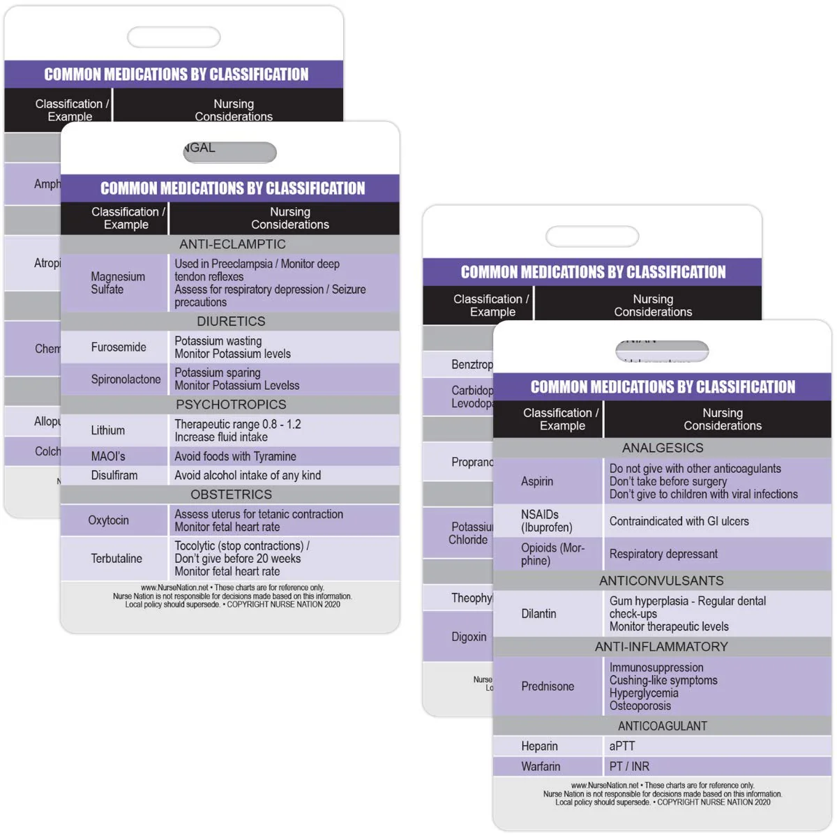 Nurse Nation Vertical Badge Cards - Common Medications Reference - Color-coded, 3 3/8" x 2 1/8", Plastic, Model BCV-7