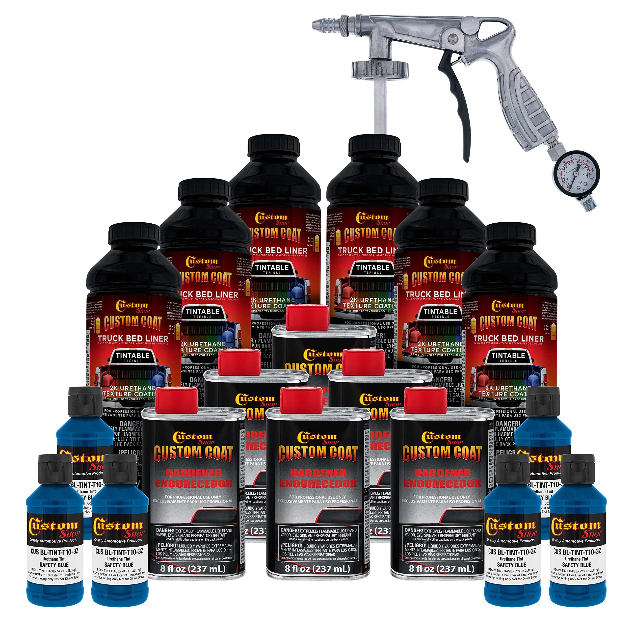 Custom Coat Safety Blue 1.5 Gallon (6 Quart) Urethane Spray-On Truck Bed Liner Kit With Spray Gun And Regulator - Easy Mixing, S