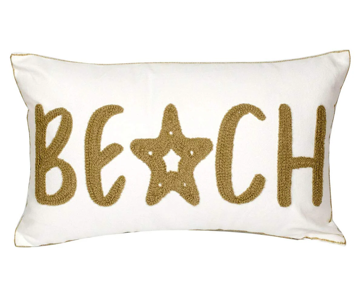 Decopow Embroidered Beach Throw Pillow Cover,Beach Decorative Canvas Pillow Cover For Nautical Style Deco 12 X 20 Inches(Wheat B