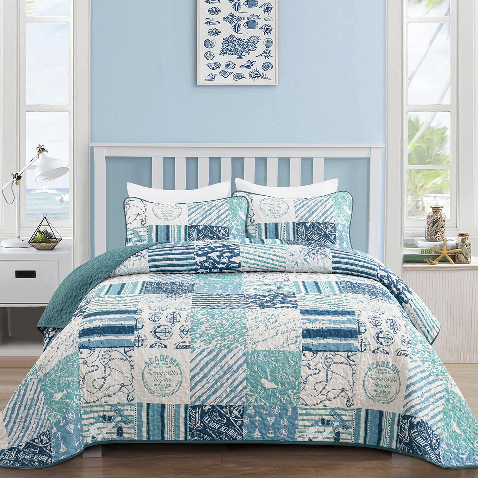 Dinjoy Summer Nautical Ocean Quilt Set Twin Size, Beige Blue Green Beach Coastal Themed Bedding Set Retro Anchor Sailboat Pattern Microfiber Lightweight Bedspread Coverlet Bed Set (68x86 Inch)