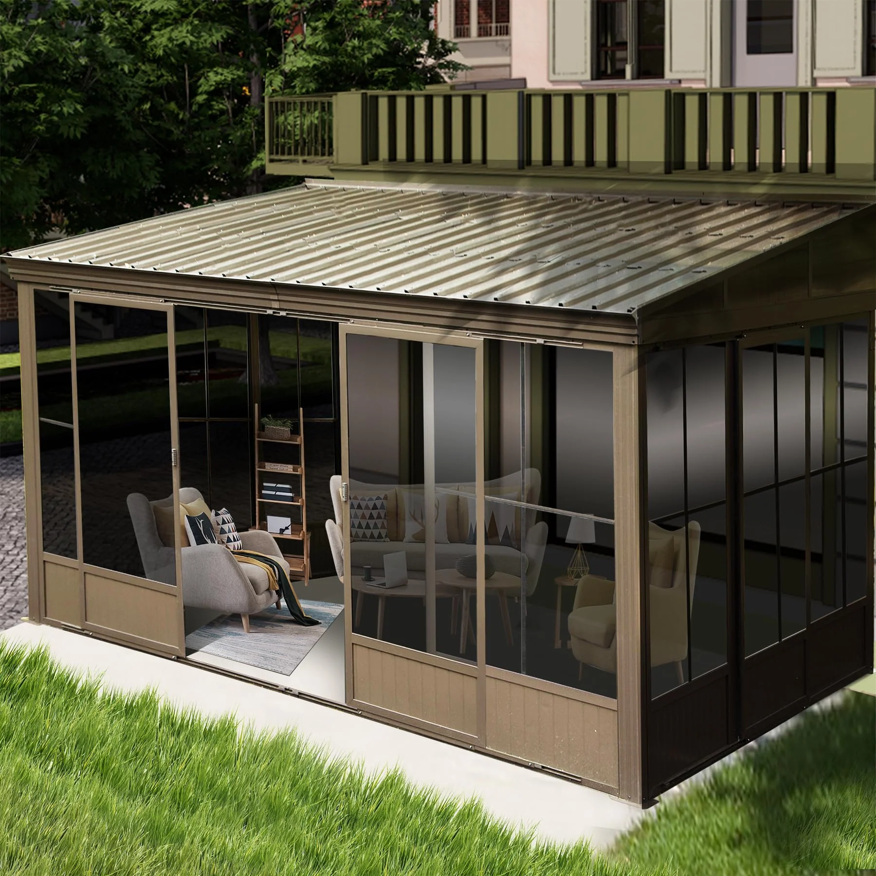 Domi 10 X 12 Sunroom, All-Season Wall Mounted Gazebo Solarium With Galvanized Steel Sloping Roof&Moveable Pvc Screen & Sliding D