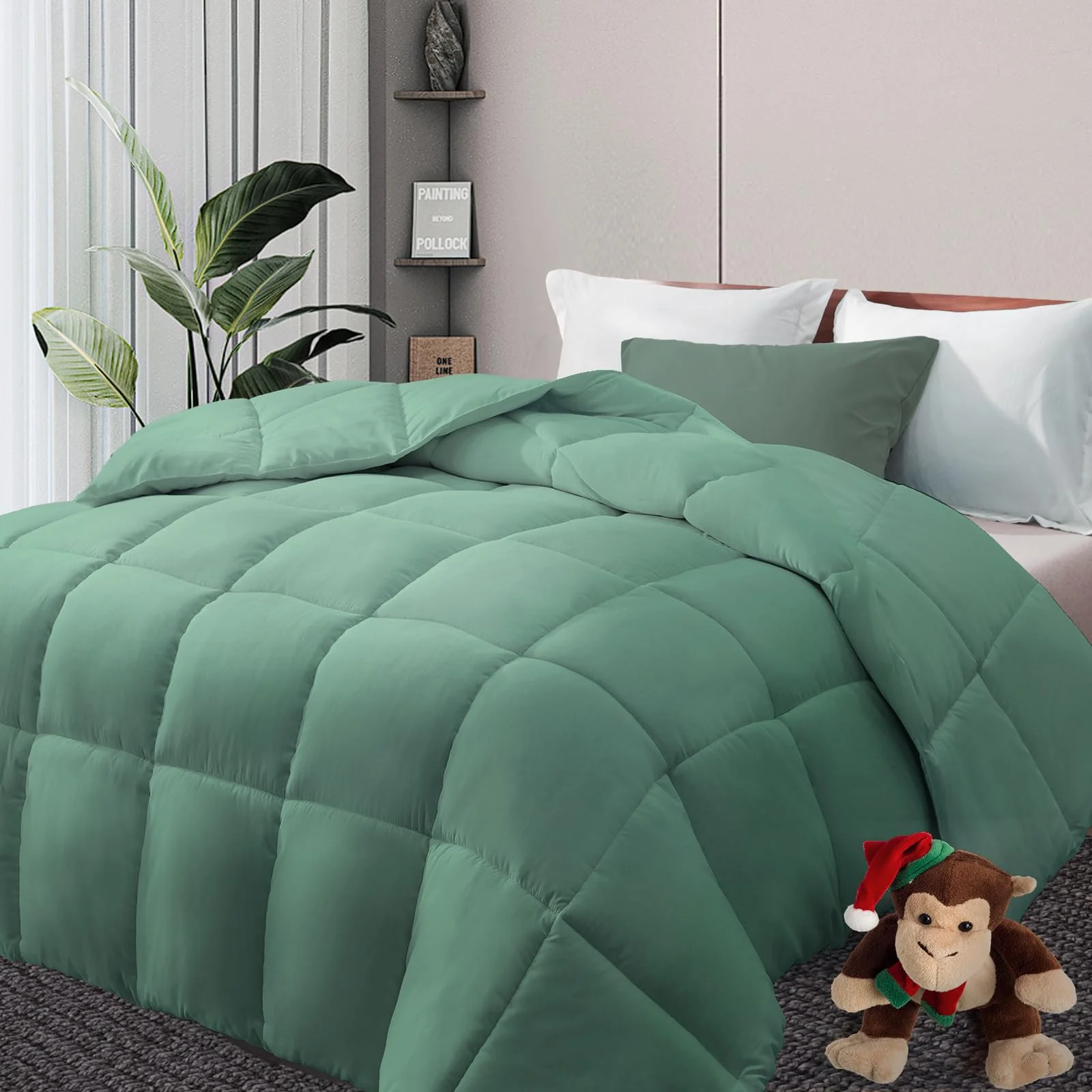 Downcool Comforters Queen Size, Duvet Insert,Sage Green All Season Duvet, Lightweight Quilt, Down Alternative Hotel Comforter Wi