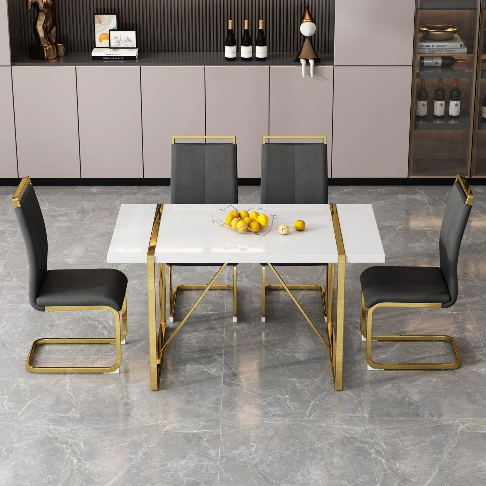 Ebullient White Dining Table Set For 4,Rectangular Mdf Dining Table And Black Faux Leather Dining Chairs, 5 Piece Dining Table S