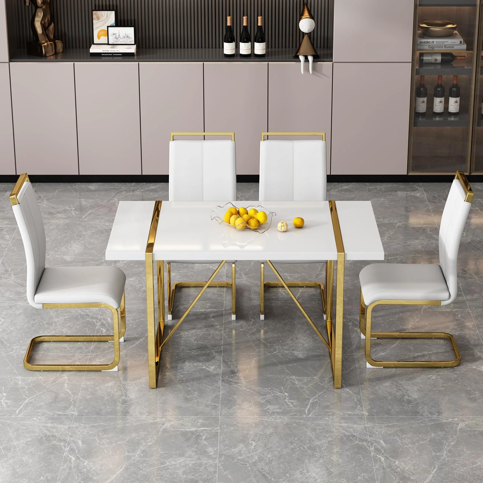 Ebullient White Dining Table Set For 4,Rectangular Mdf Dining Table And White Faux Leather Dining Chairs, 5 Piece Dining Table S