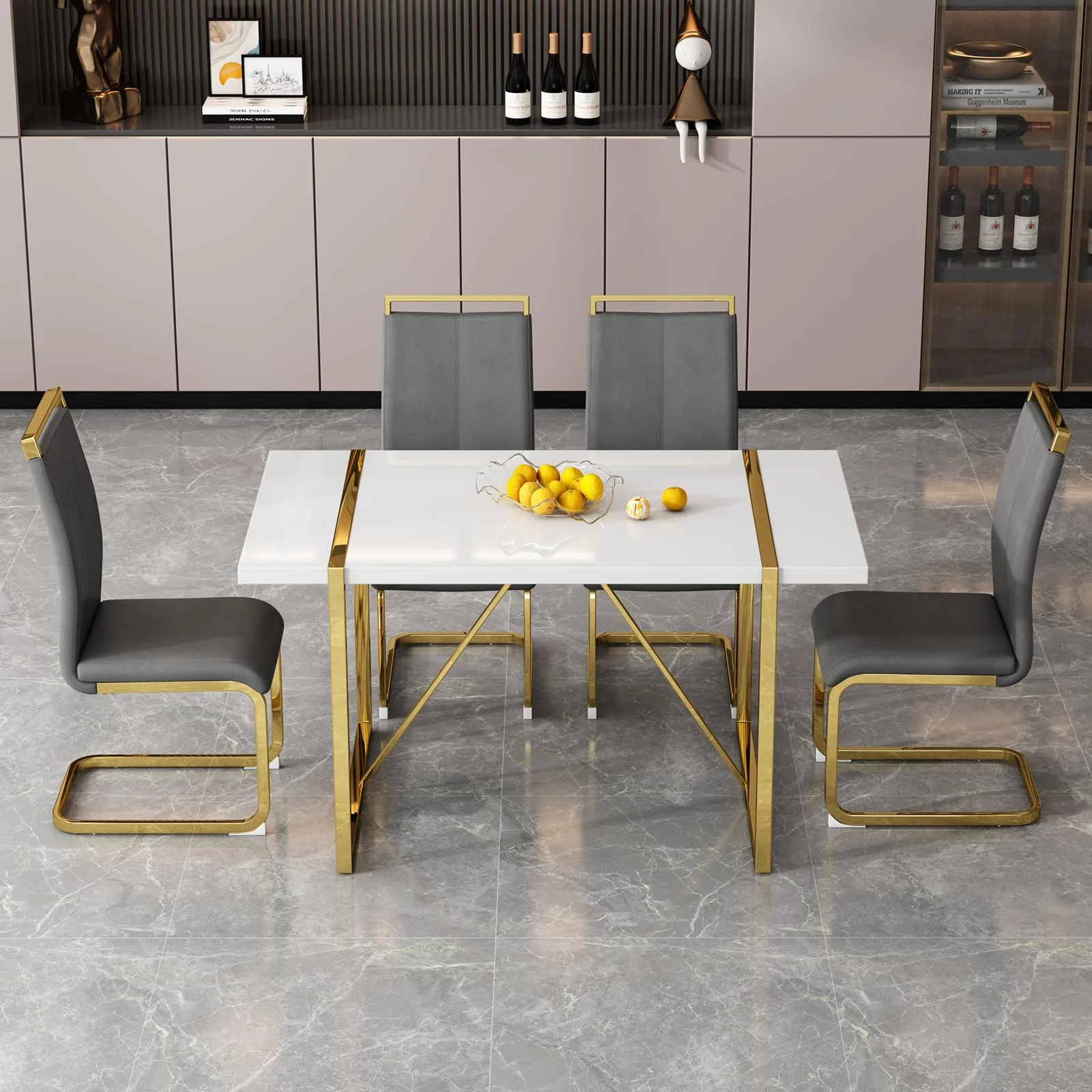 Ebullient White Rectangular Dining Table Set For 4, Mdf Table With Light Grey Faux Leather Chairs, 5 Piece Modern Dining Set Wit