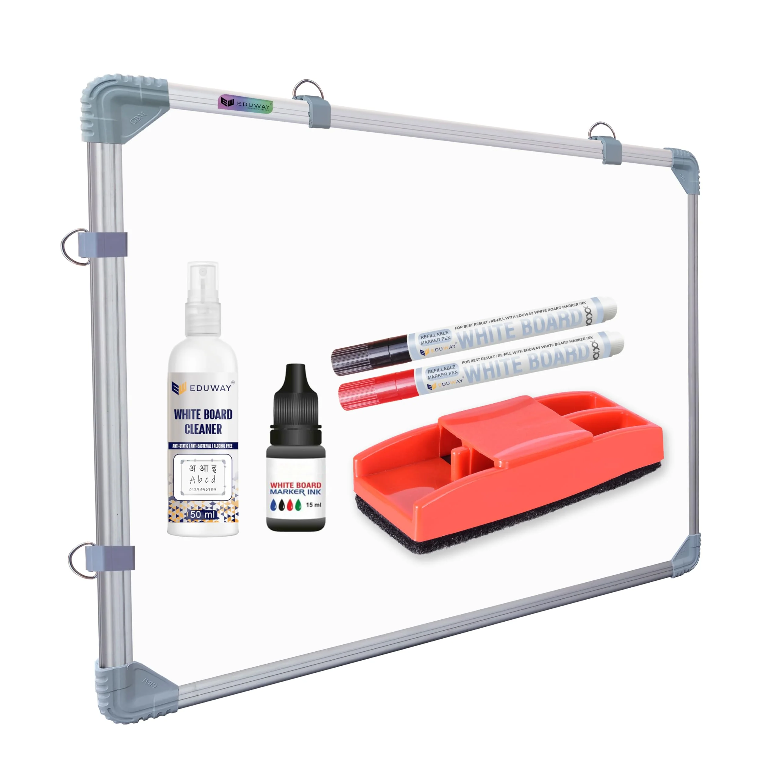 Eduway 3X2 Feet Whiteboard Combo Kit | 1 Duster, 2 Marker, 1 Marker Ink, 1 Cleaner Spray | Double-Sided Whiteboard & Chalkboard