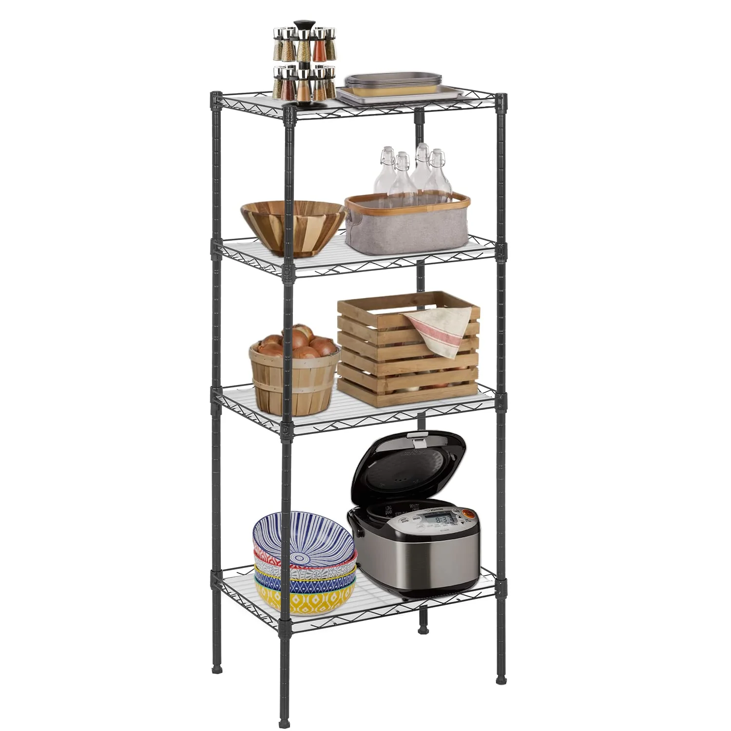 FDW 18L x 12W x 44H Wire Shelves Metal Shelf with 4 PP Sheets Storage Shelves 4 Tier Layer Storage Shelves for Laundry Bathroom