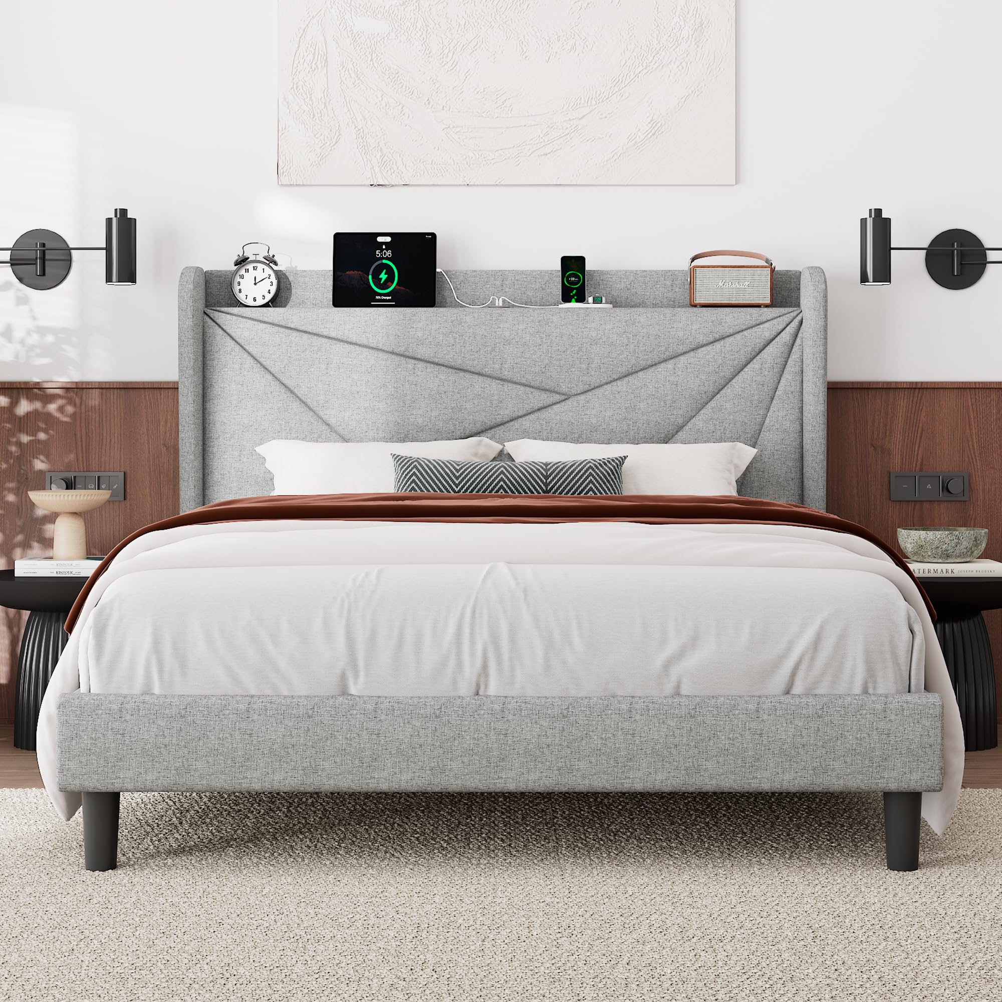 Feonase Full Bed Frame with Charging Station, Linen Upholstered Platform Bedframe with Wingback Headboard, Solid Wood Slats Supp