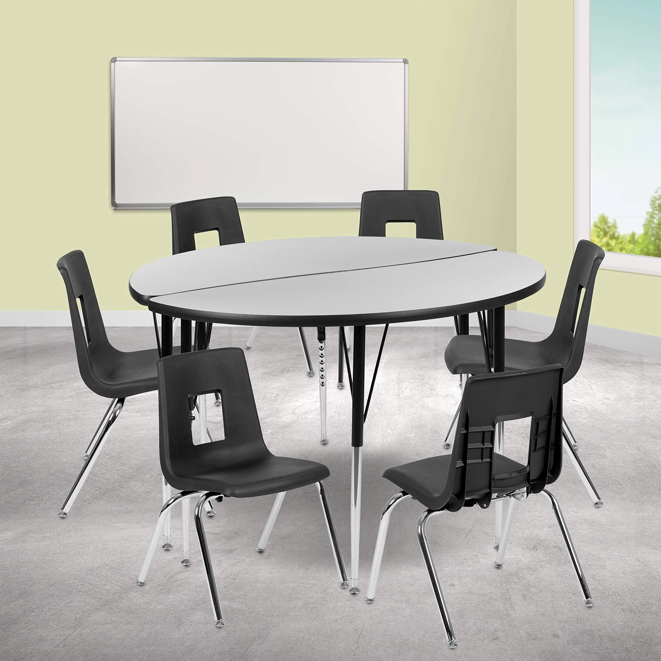 Flash Furniture 47.5 Circle Wave Collaborative Laminate Activity Table Set with 18 Student Stack Chairs, Grey/Black
