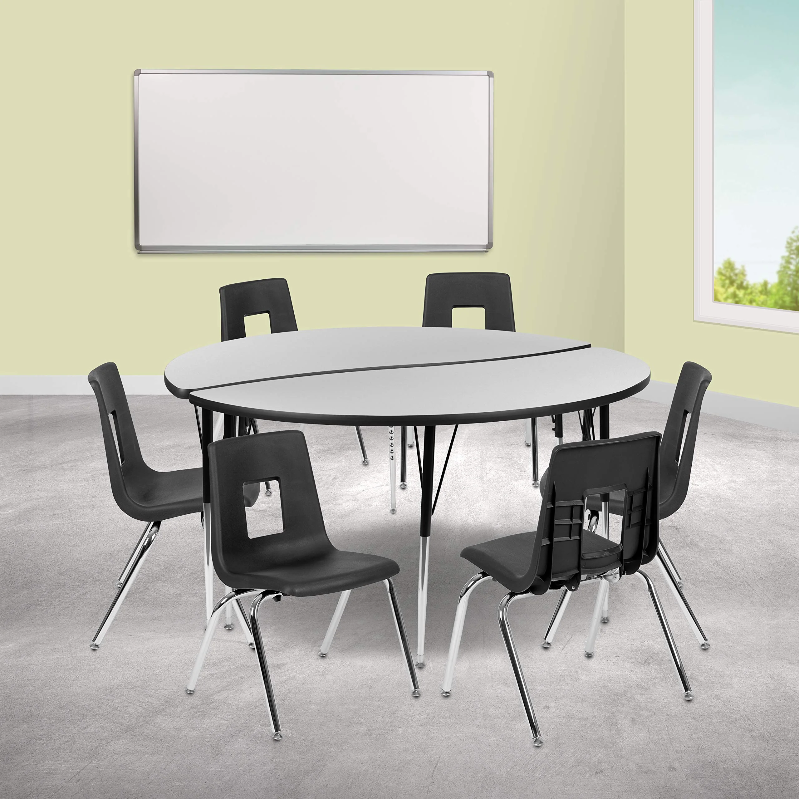 Flash Furniture 60 Circle Wave Collaborative Laminate Activity Table Set with 18 Student Stack Chairs, Grey/Black