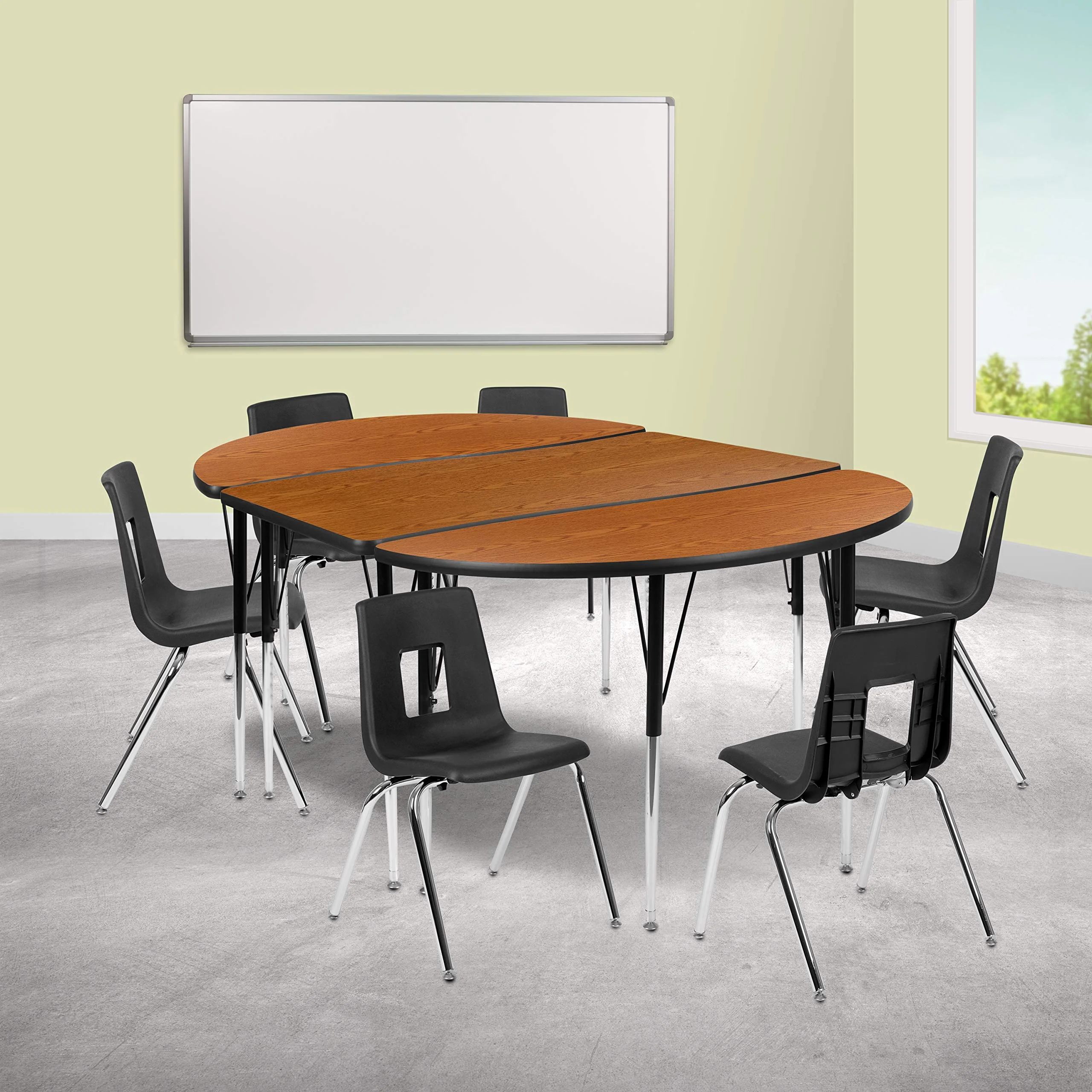 Flash Furniture 76 Oval Wave Collaborative Laminate Activity Table Set with 18 Student Stack Chairs, Oak/Black