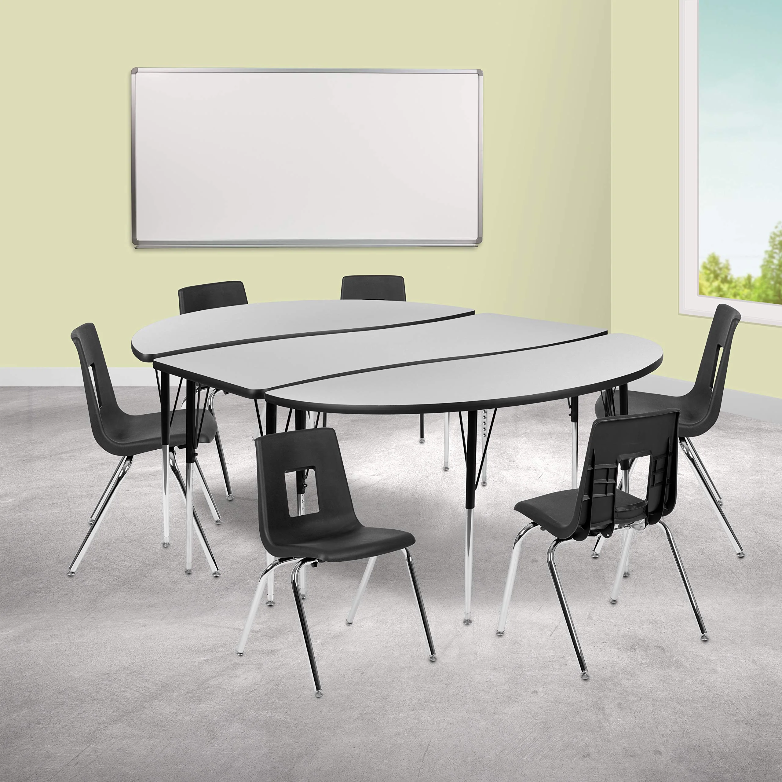 Flash Furniture 86 Oval Wave Collaborative Laminate Activity Table Set with 18 Student Stack Chairs, Grey/Black
