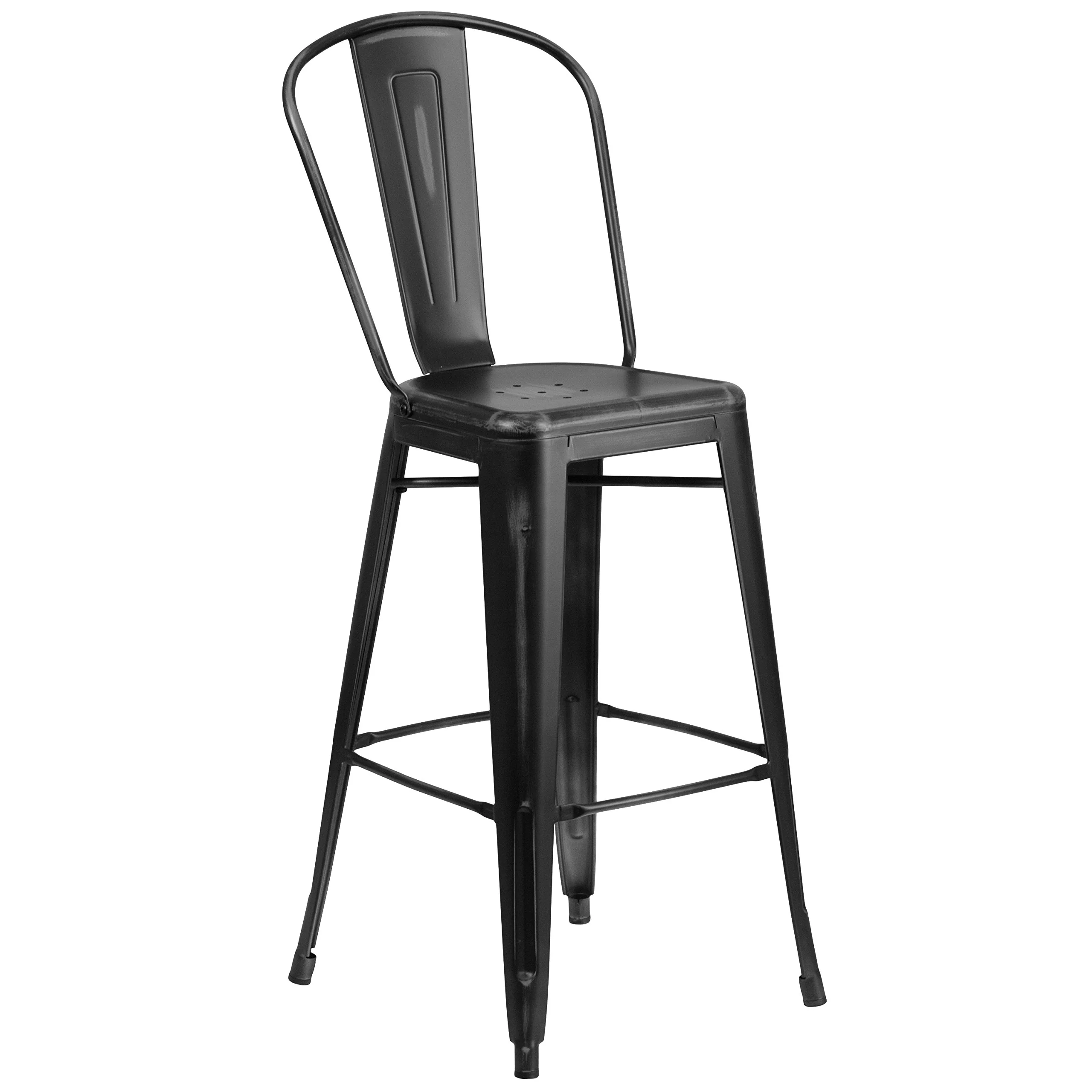 Flash Furniture Commercial Grade 30 High Distressed Black Metal Indoor-Outdoor Barstool with Back