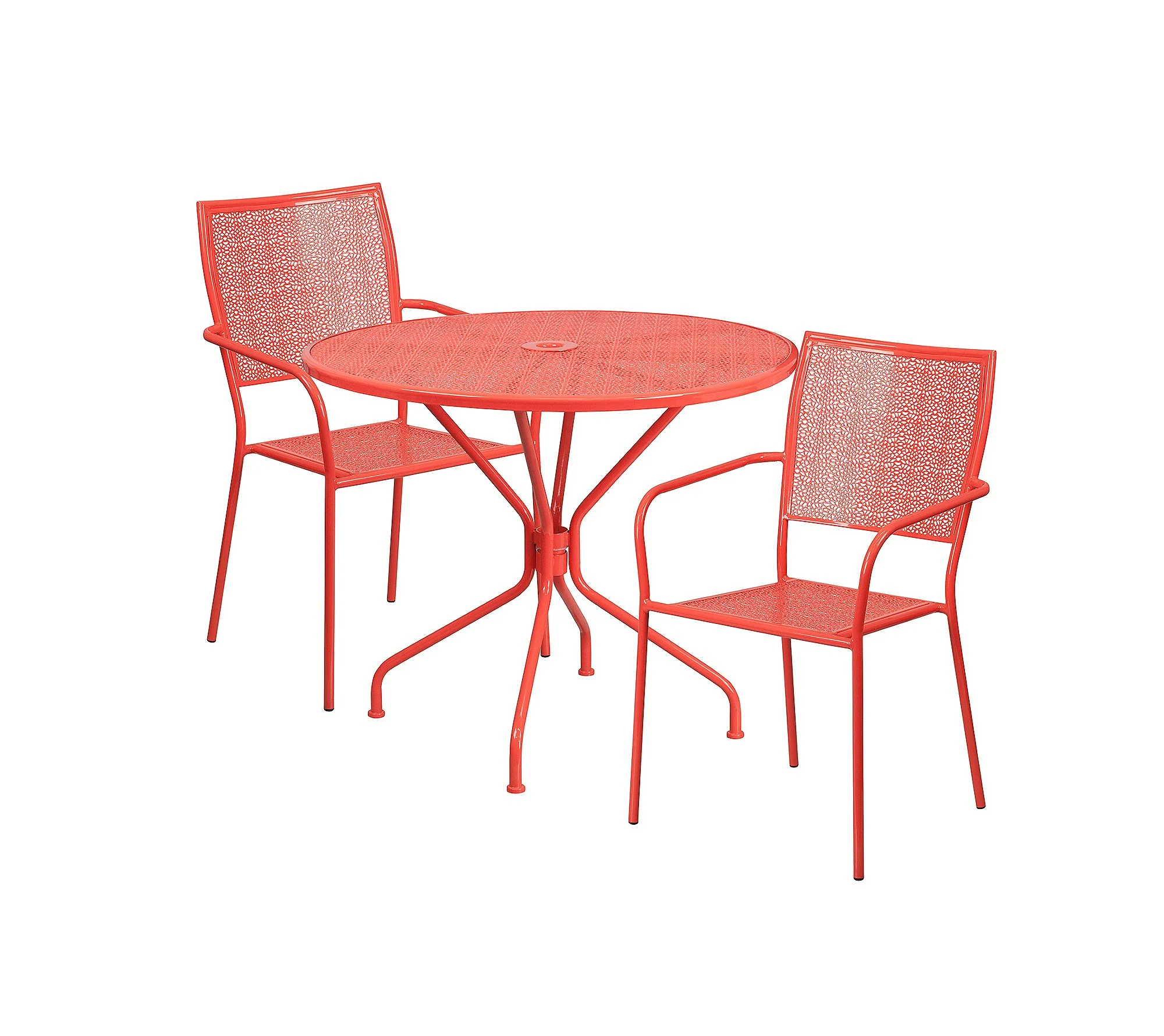 Flash Furniture Commercial Grade 35.25 Round White Indoor-Outdoor Steel Patio Table Set with 2 Square Back Chairs