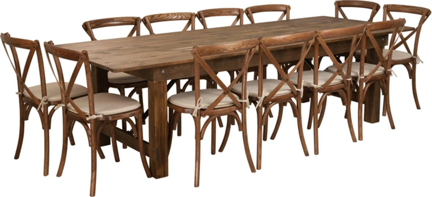 Flash Furniture Hercules Series 9 x 40 Antique Rustic Folding Farm Table Set with 12 Cross Back Chairs and Cushions