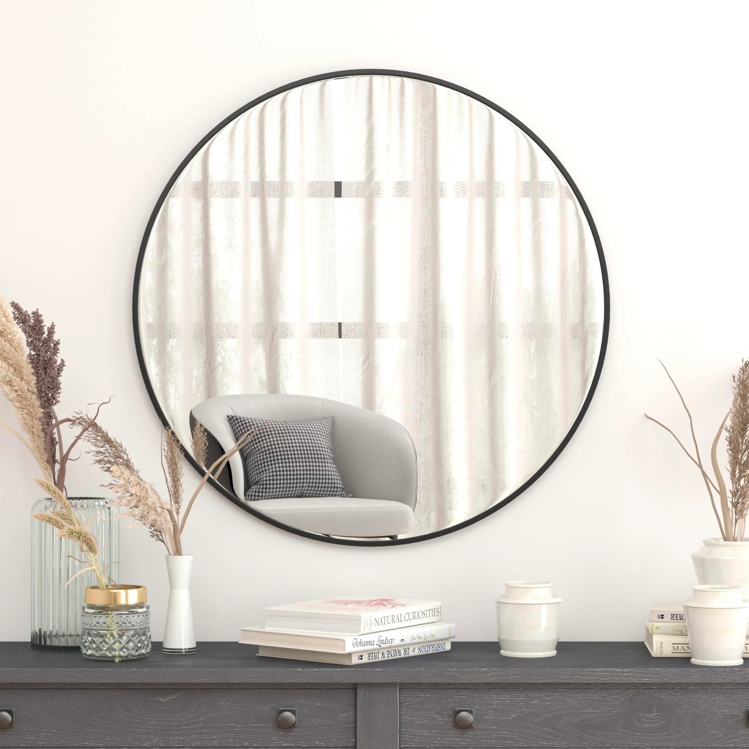 Flash Furniture Large Round Wall Mirror - Black Circle Accent Mirror - 36 Vanity Mirror - for Bathroom, Vanity, Entryway, Dining
