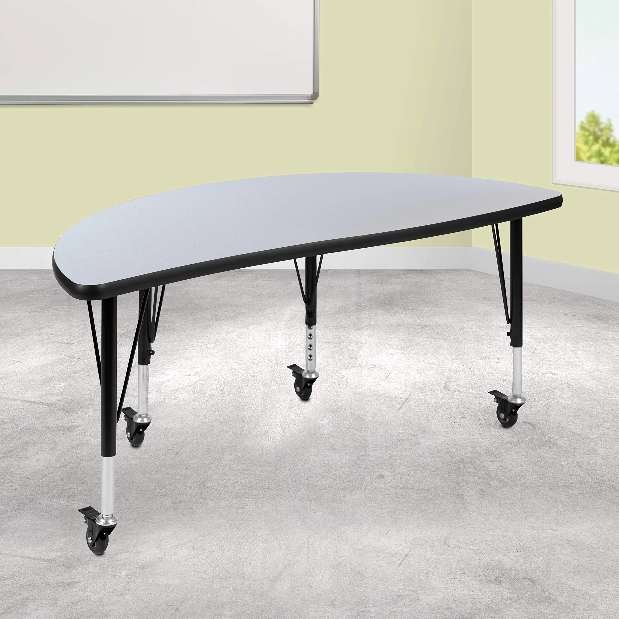 Flash Furniture Mobile 47.5 Half Circle Wave Collaborative Grey Thermal Laminate Activity Table - Height Adjustable Short Legs