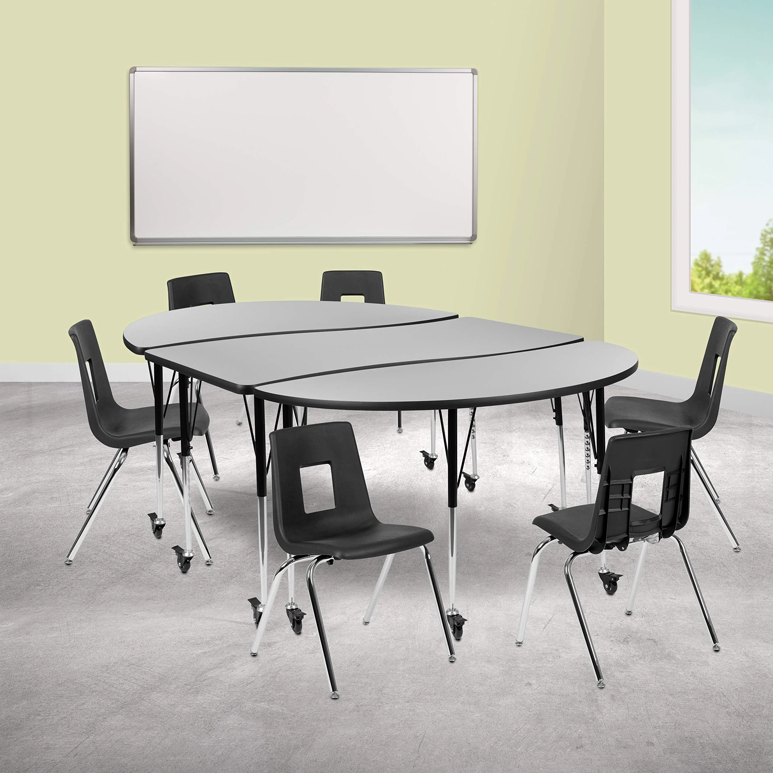 Flash Furniture Mobile 86 Oval Wave Collaborative Laminate Activity Table Set with 18 Student Stack Chairs, Grey/Black