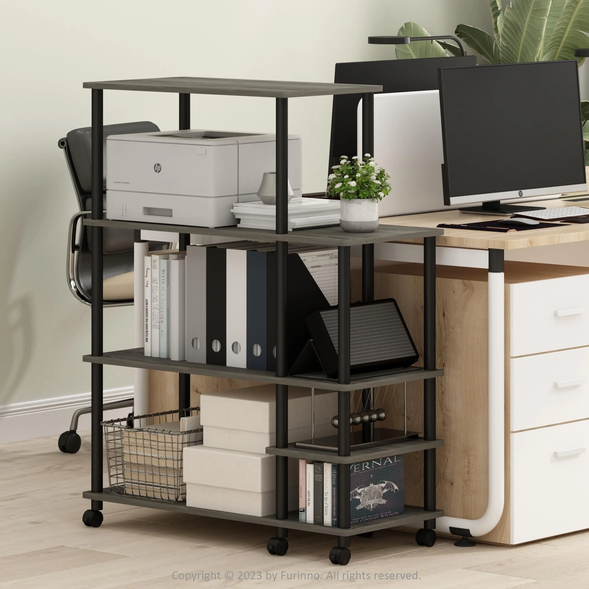 Furinno Turn-N-Tube 4-Tier Wide Toolless Multipurpose Printer Stand Display Storage Shelf With Wheels, French Oak Grey/Black