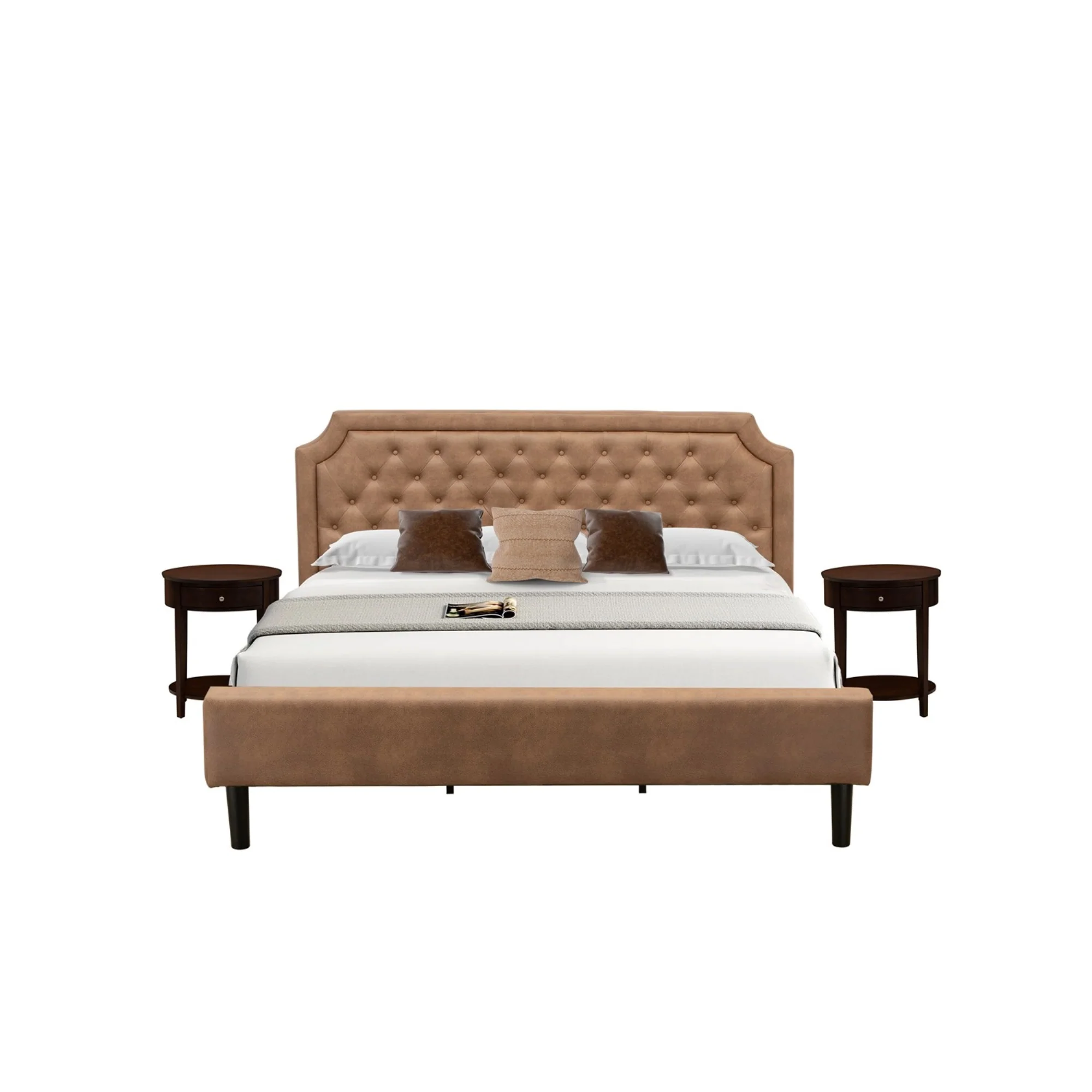 GB28K-2HI0M 3-Piece Granbury Bedroom set with Button Tufted King Bed and 2 Antique Mahogany Mid Century Nightstand - Brown Faux