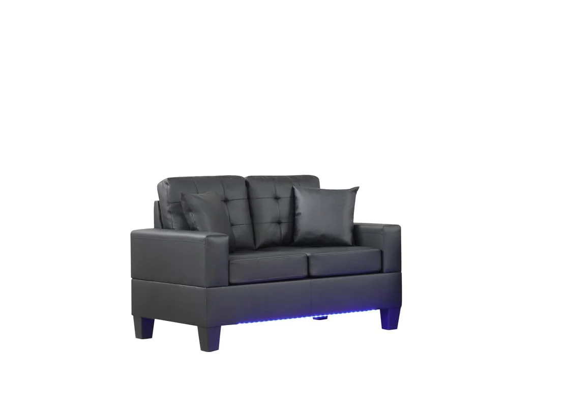 Genesis 55.5W Black PVC Fabric Loveseat with LED Lights, USB Charger, Tufted Cushions