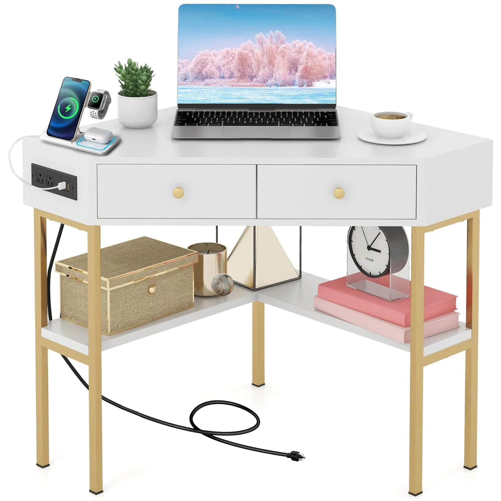 Giantex Corner Desk with Charging Station, 90 Degree Triangle Computer Desk with 2 Drawers & Storage Shelf, L-Shaped Writing Des