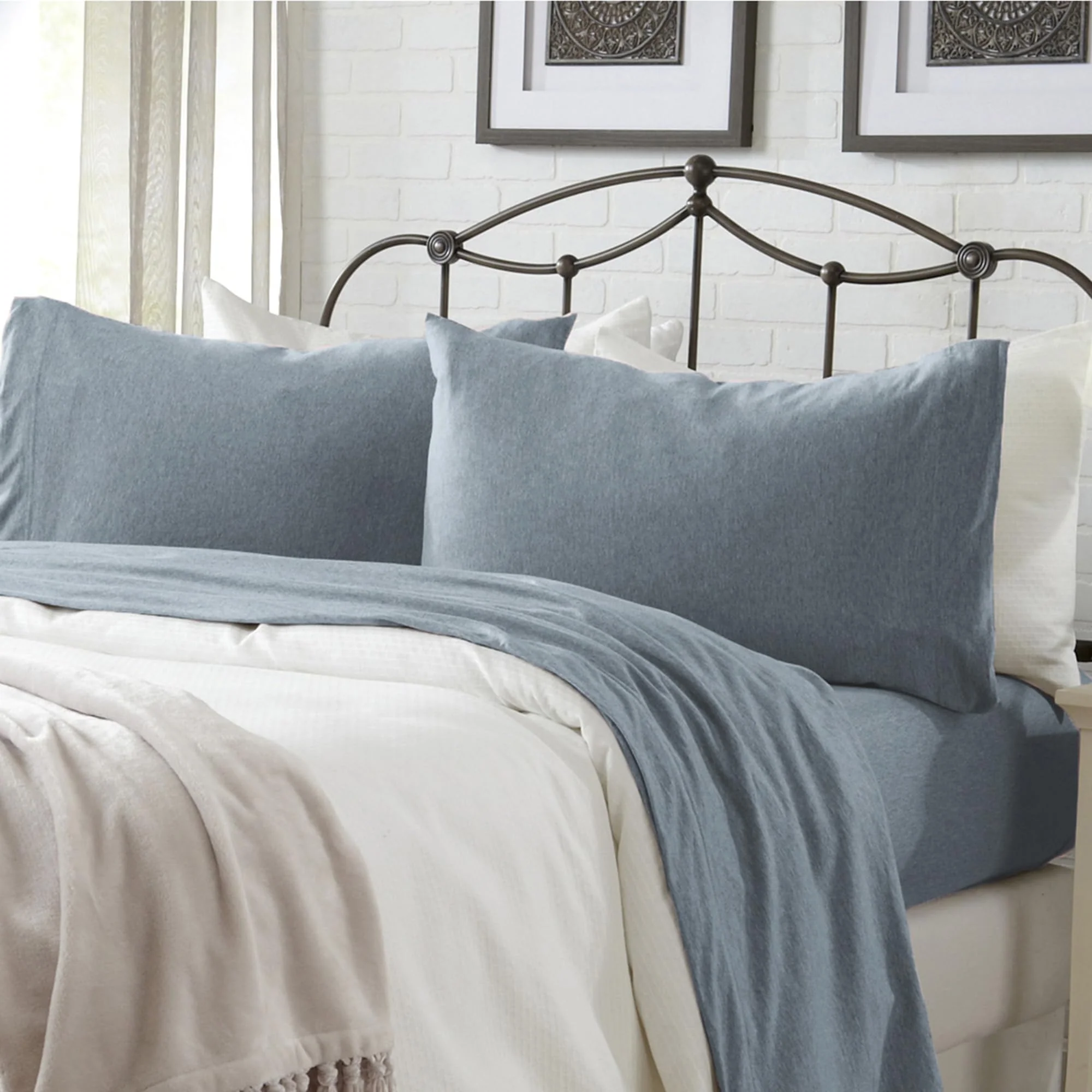 Great Bay Home Cotton Jersey Knit Twin Xl Sheet Set - Ultra-Soft, Stretchy, Heathered Melange Denim Blue Bed Sheets - Cozy, Soft
