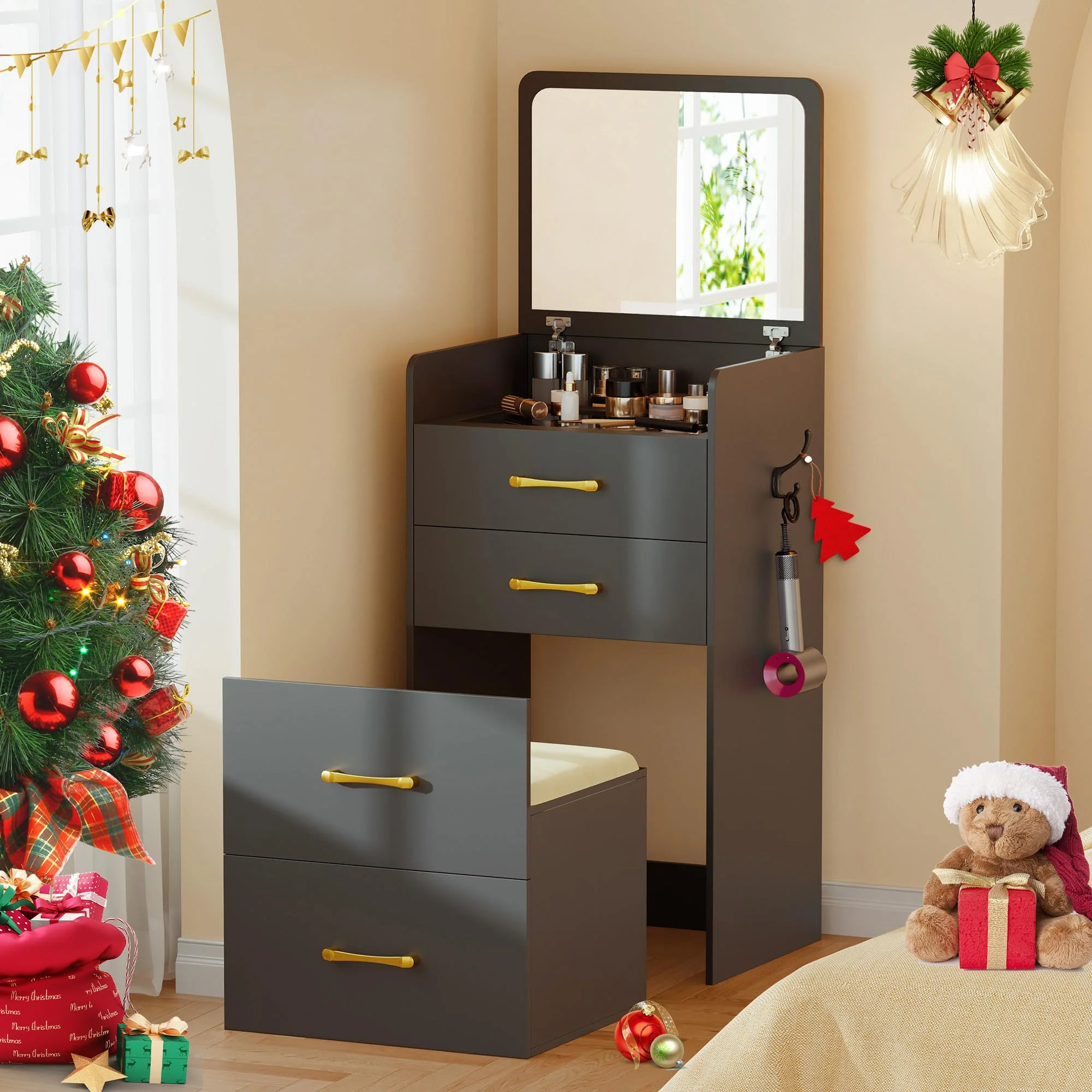 Gurexl 3 in 1 Vanity Desk with Flip Top Mirror for Bedroom,Small Compact Vanity with Visible Glass Desktop for Cloakroom,Makeup