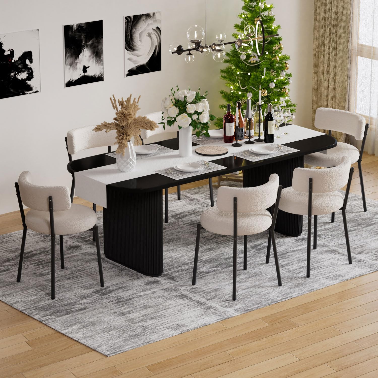 Haizao Boucle Dining Chairs Set Of 6, Modern Round Upholstered Dining Chairs, Curved Backrest Kitchen Dining Room Chairs, Mid-Ce