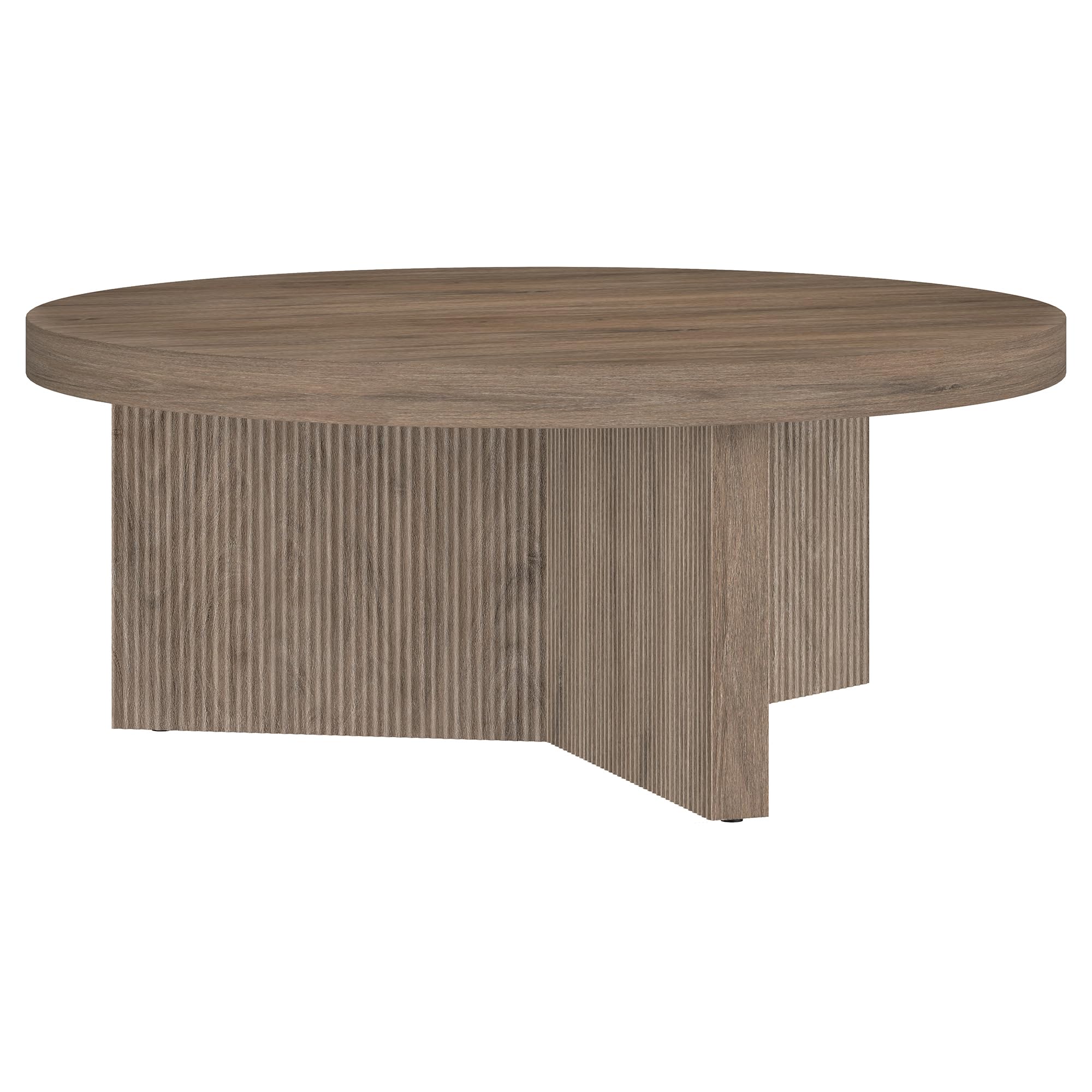 Henn&Hart 36 Fluted Round Low-Profile Coffee Table with Ribbed Pedestal Base for Living Room, Family Room, or Office, Antiqued G