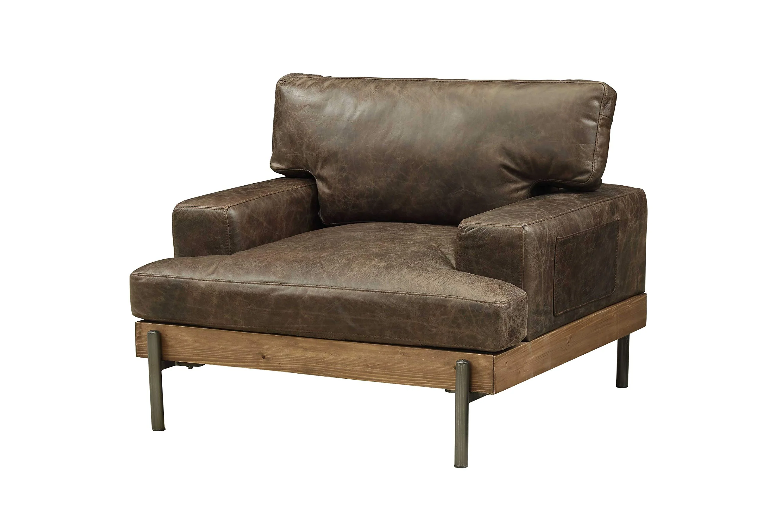 HomeRoots Top Grain Leather, Rubber 41 X 39 X 32 Distressed Chocolate Top Grain Leather Chair
